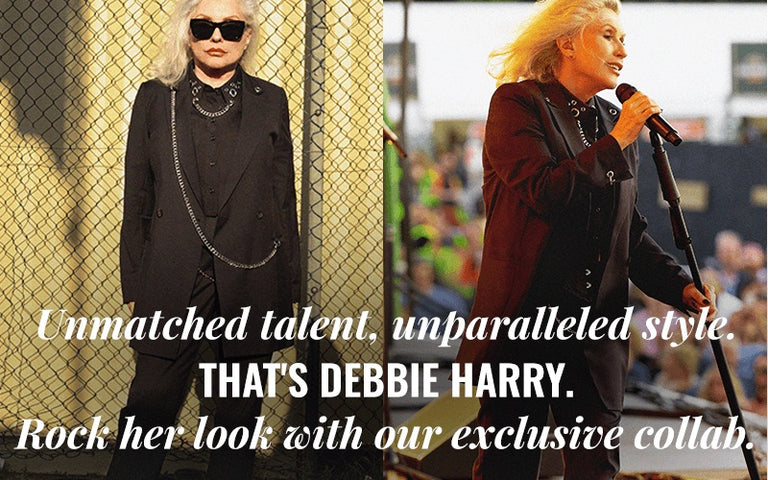 Collage of two images of Debbie Harry wearing the Debbie Harry x Wildfang suit, one of her performing on stage and the other in front of chain link fence looking at camera wearing sunglasses. Text overlay at bottom center of collage says "Unmatched talent, unparalleled style. That's Debbie Harry. Rock her look with our exclusive collab."