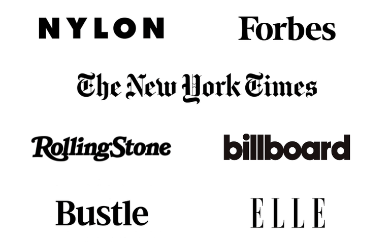 White background with stacked logos across four lines that read Nylon, Forbes, The New York Times, Rolling Stone, Billboard, Bustle, and Elle.