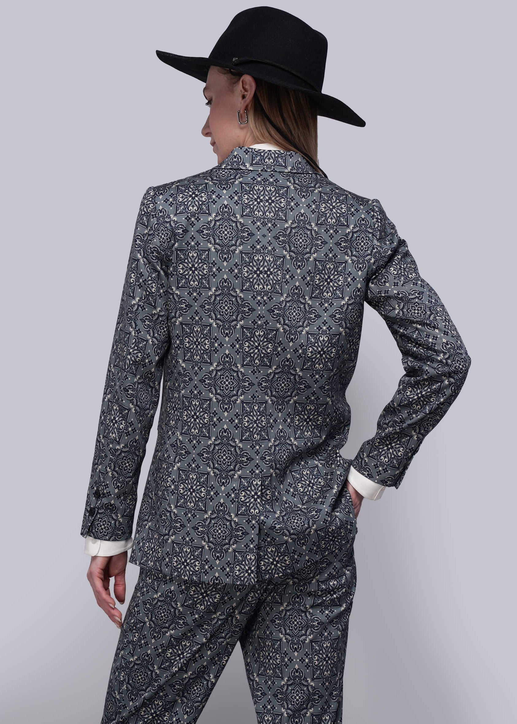 S=Back of person wearing a patterned suit and black hat on a plain background