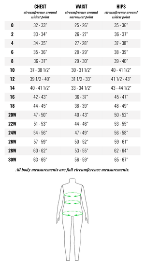 Measurement chart for clothing sizes with body outline and measurement points.