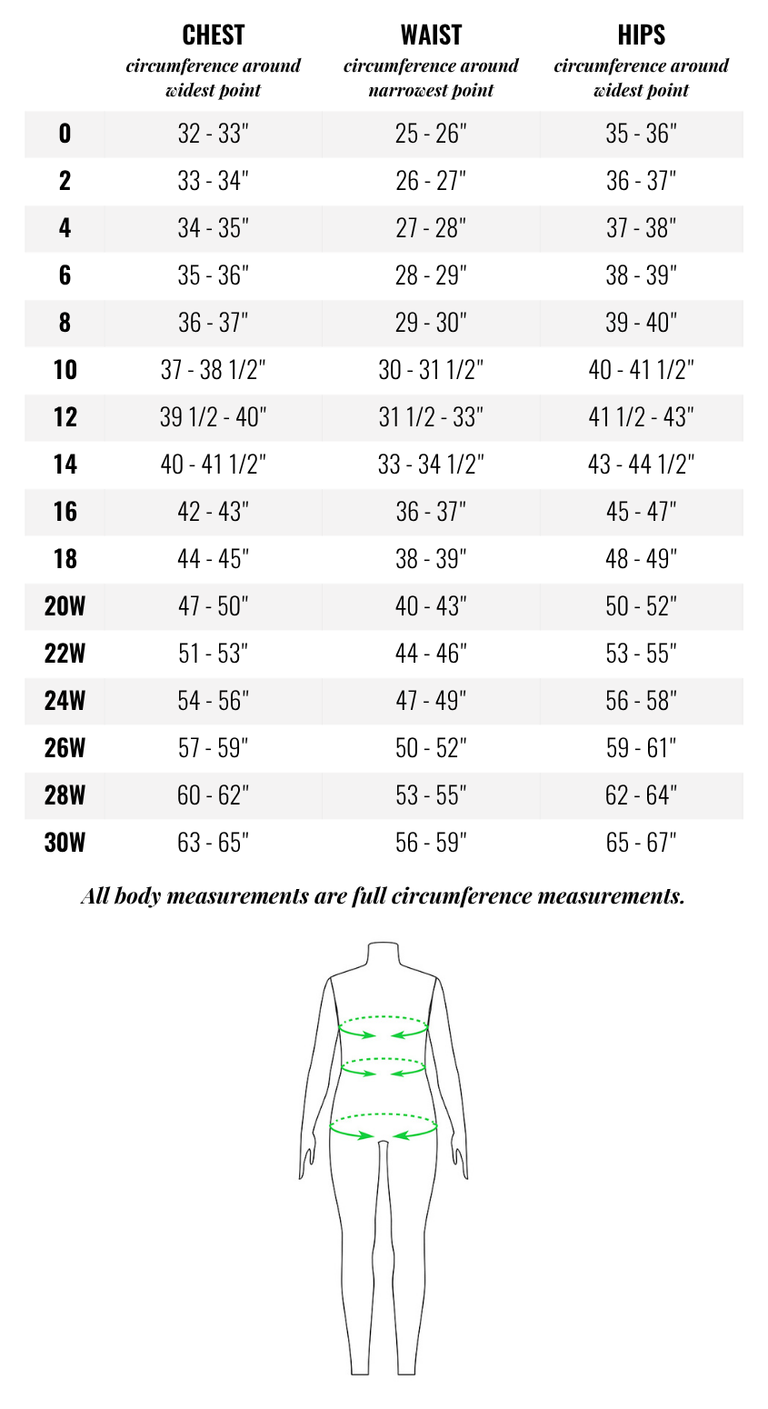 Measurement chart for clothing sizes with body outline and measurement points.