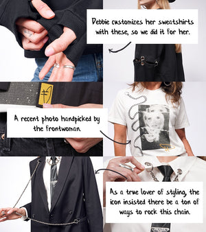 Grid of 6 product images from the Debbie Harry x Wildfang collection, stacked 2 pe row in 3 rows, with notes overlayed. The first note reads 
