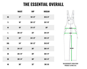 Size chart table on white background. Title reads THE ESSENTIAL OVERALL. Table shows measurements for shoulder, chest, waist, hip, and torso for sizes XS-4X. On right of chart is drawing of overall displaying where measurements are. Underneath text reads MEASUREMENTS TAKEN FROM PRODUCT LAYING FLAT.