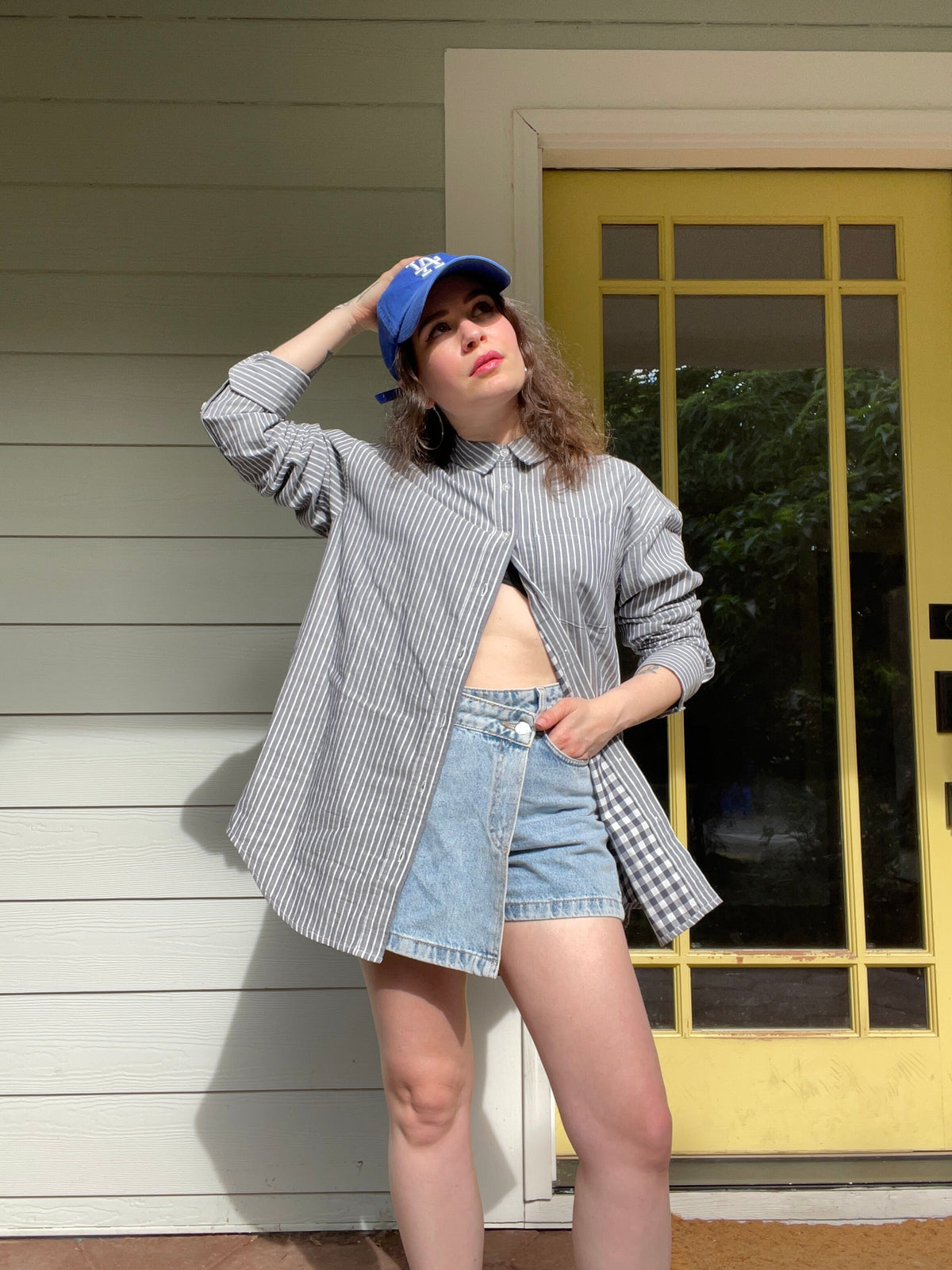 The Essential Long Sleeve Oversized Convertible Button Up Stripe Grey