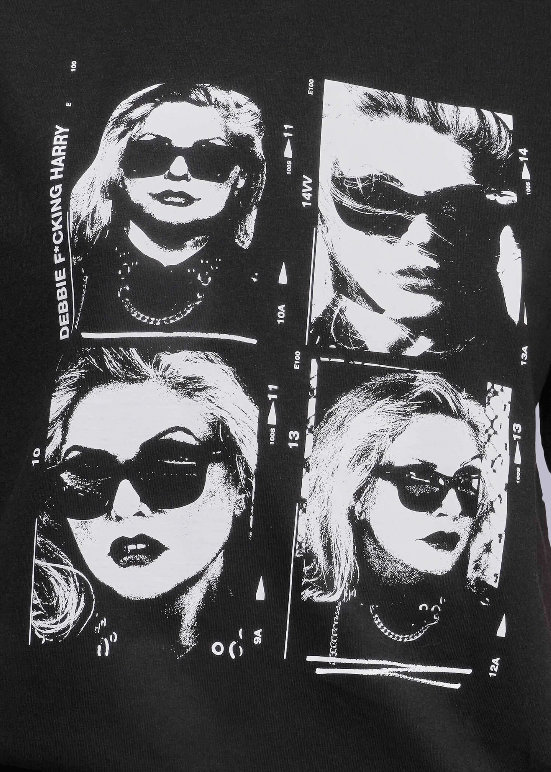 1X=Black t-shirt with white graphic of a woman's face wearing sunglasses and text.