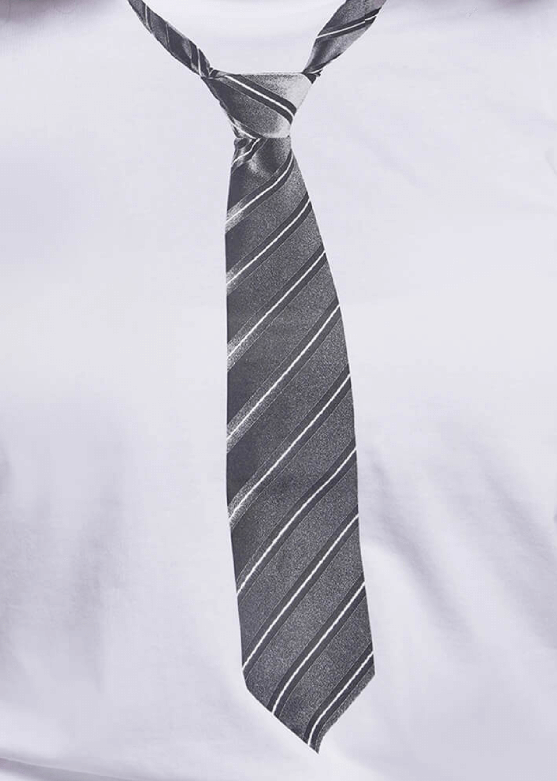 Gray striped tie printed on a white shirt