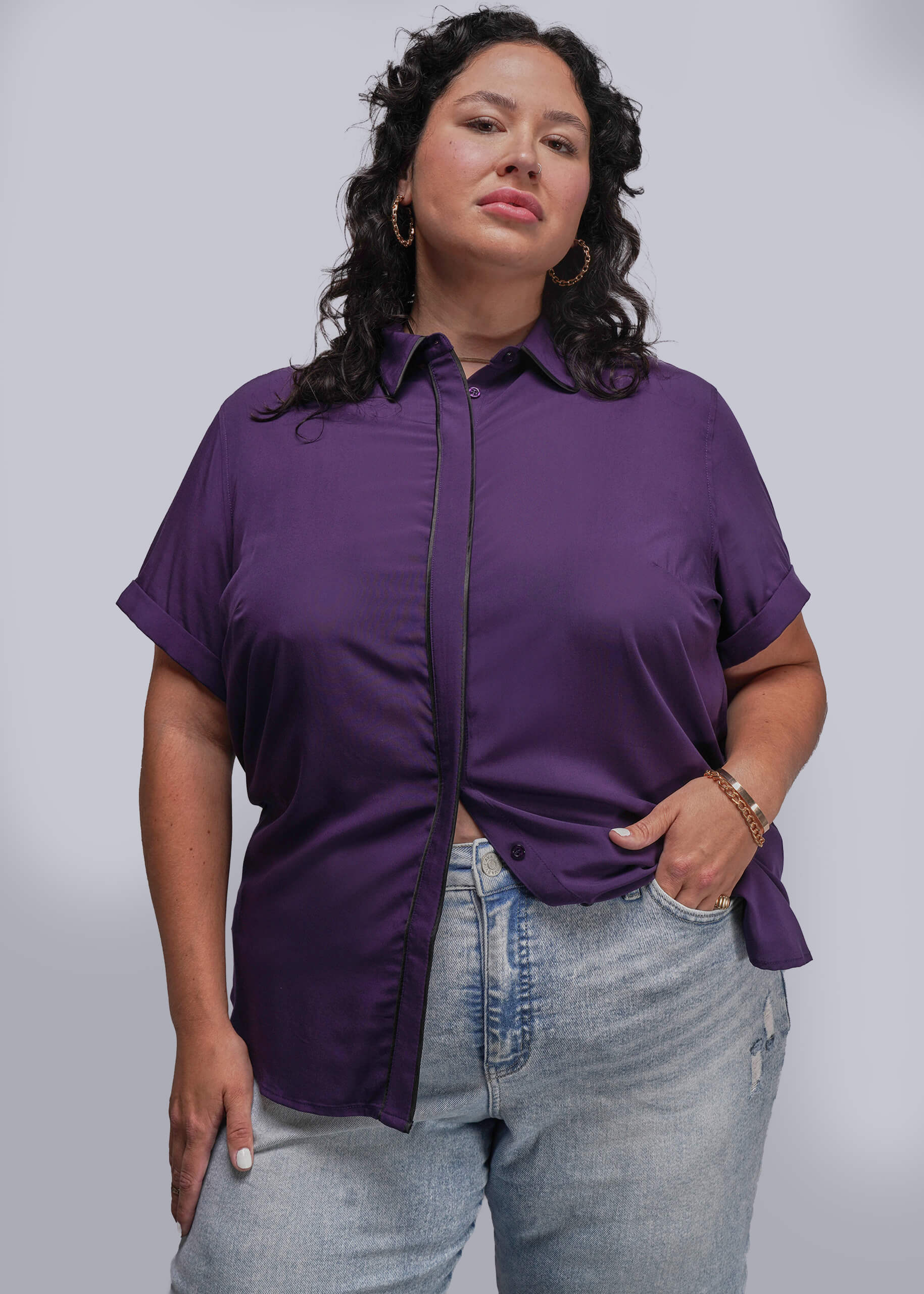 Woman Within Plus Size Perfect Short Sleeve Button-Down Shirt Oversized Tunic Blouse - S, Azure Watercolor Flower
