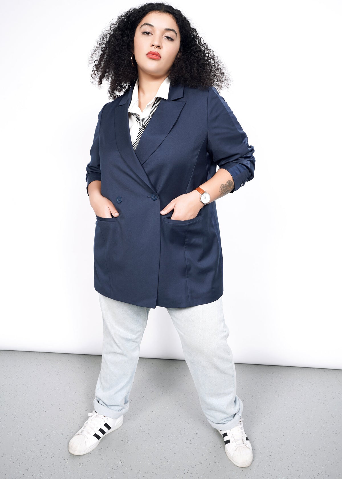 The Empower Colorblock Double Breasted Blazer in Navy