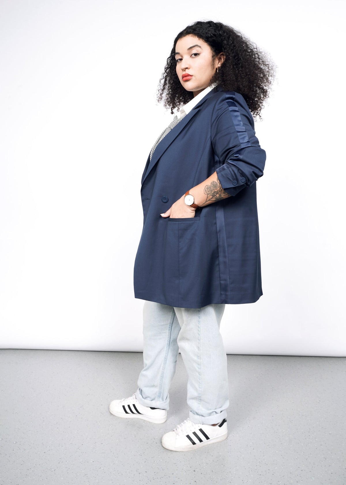 The Empower Colorblock Double Breasted Blazer in Navy