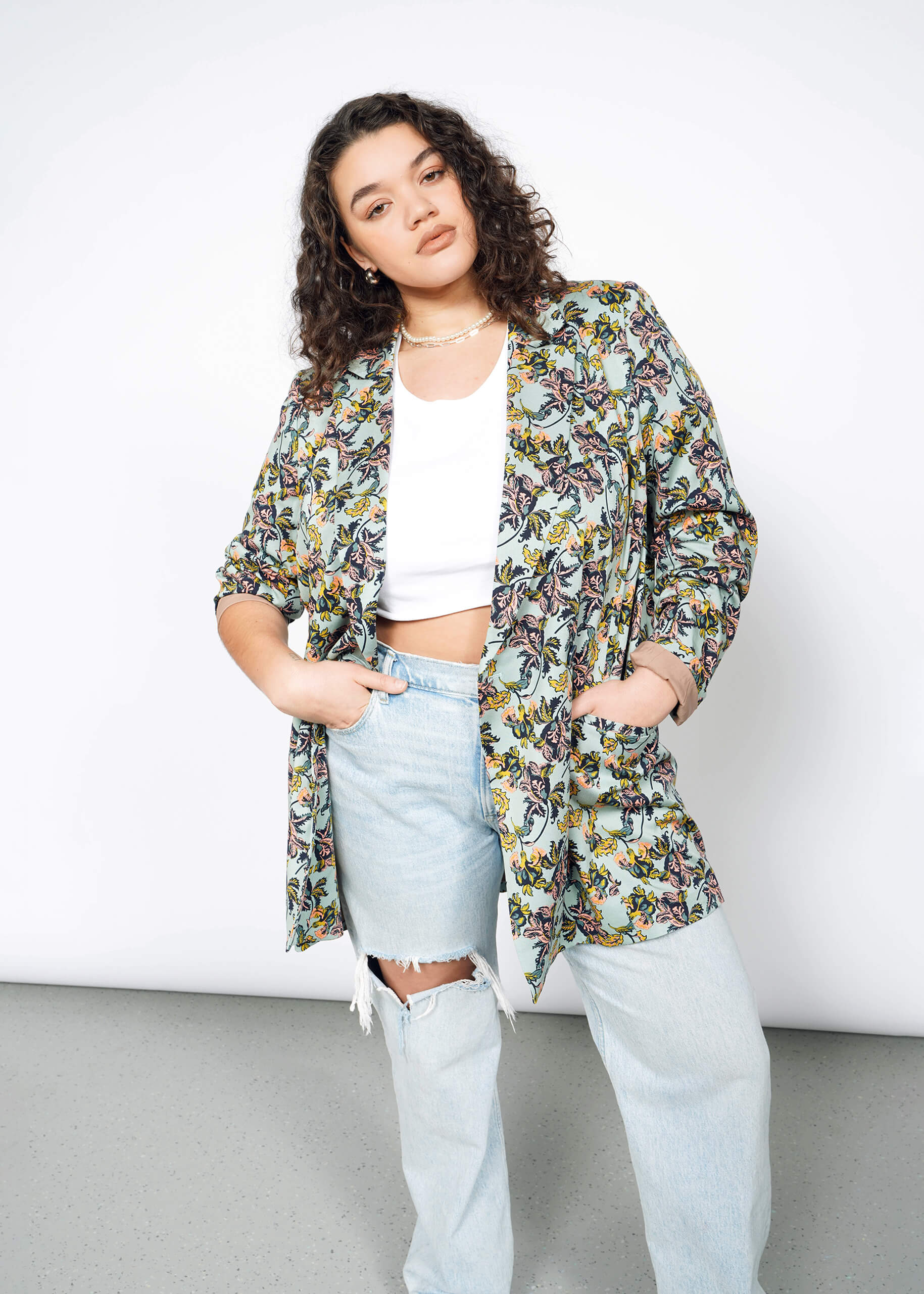 The Empower Double Breasted Blazer in Iris Light Teal Multi