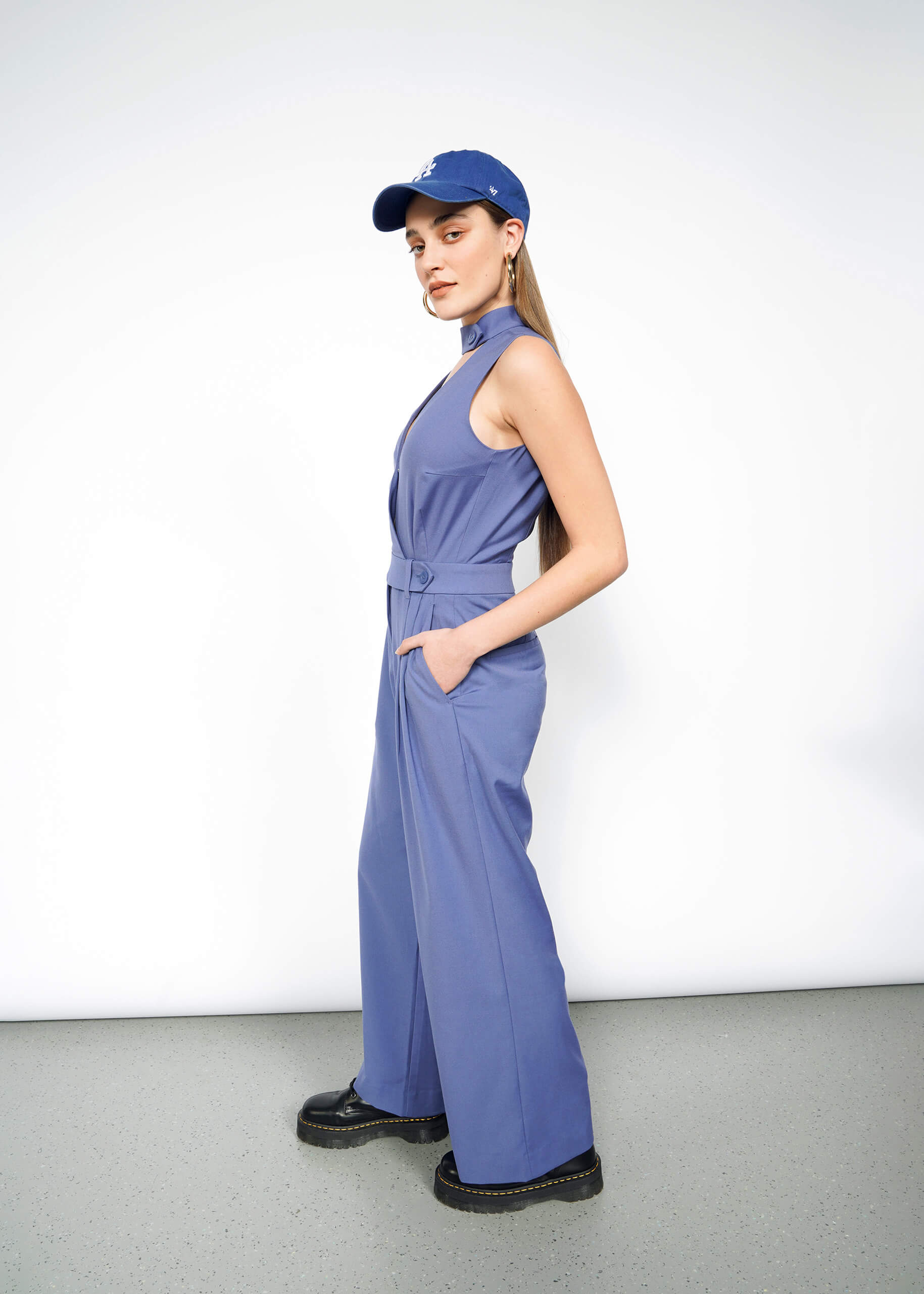 The Empower High Waisted V-Neck Jumpsuit in Blueberry