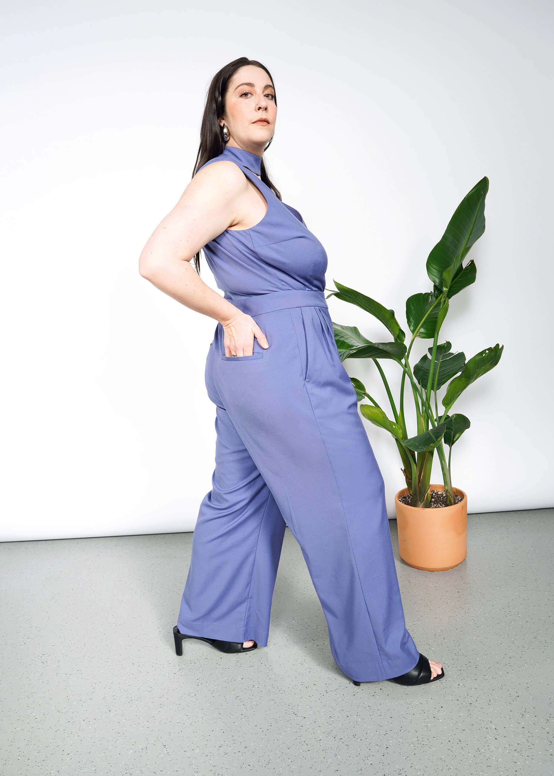 The Empower High Waisted V-Neck Jumpsuit in Blueberry
