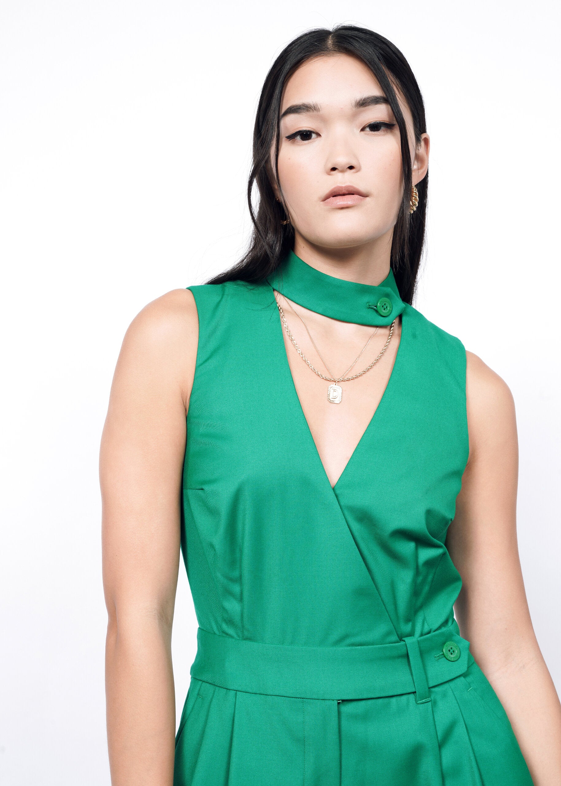The Empower High Waisted V-Neck Jumpsuit in Emerald