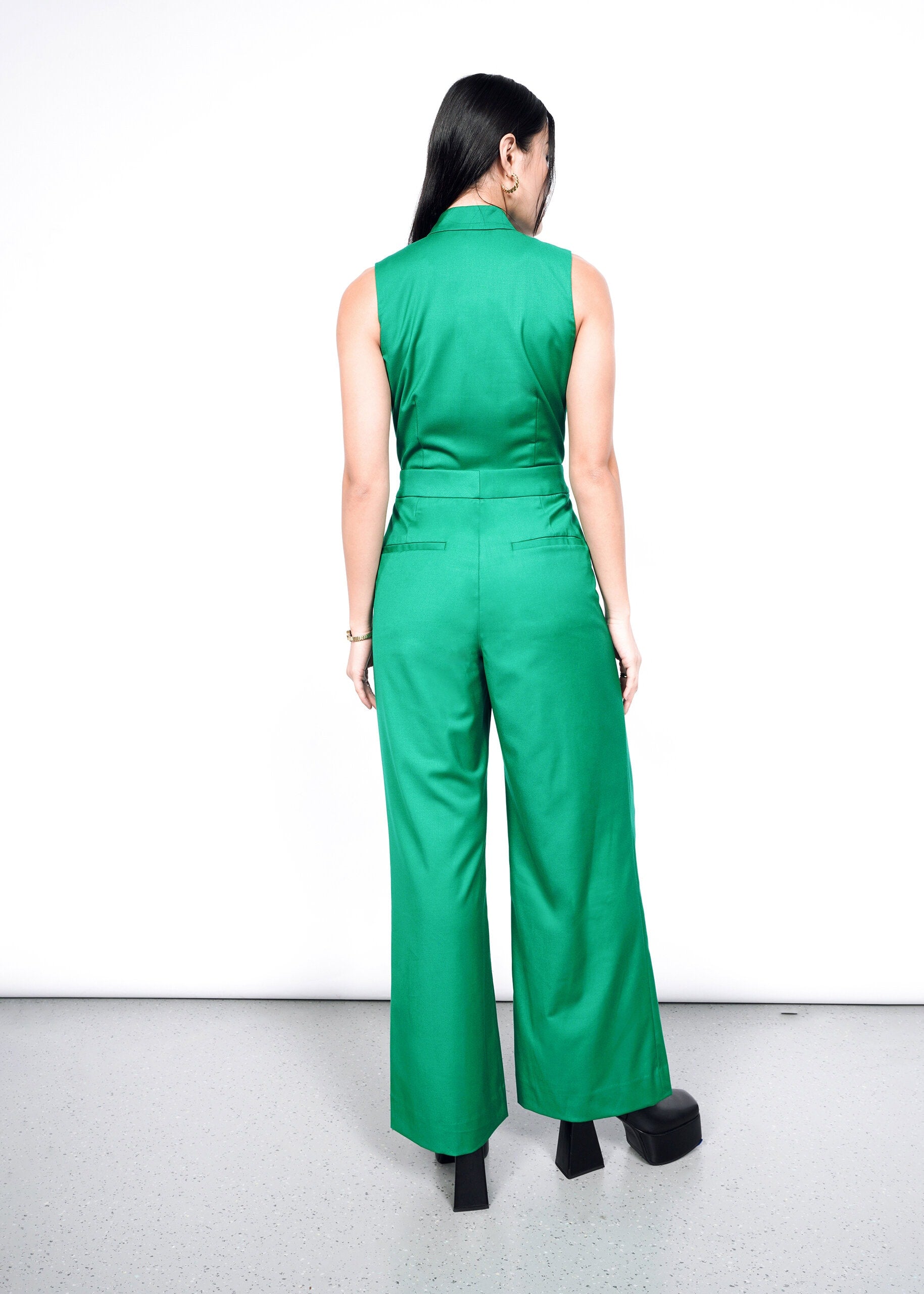 The Empower High Waisted V-Neck Jumpsuit in Emerald