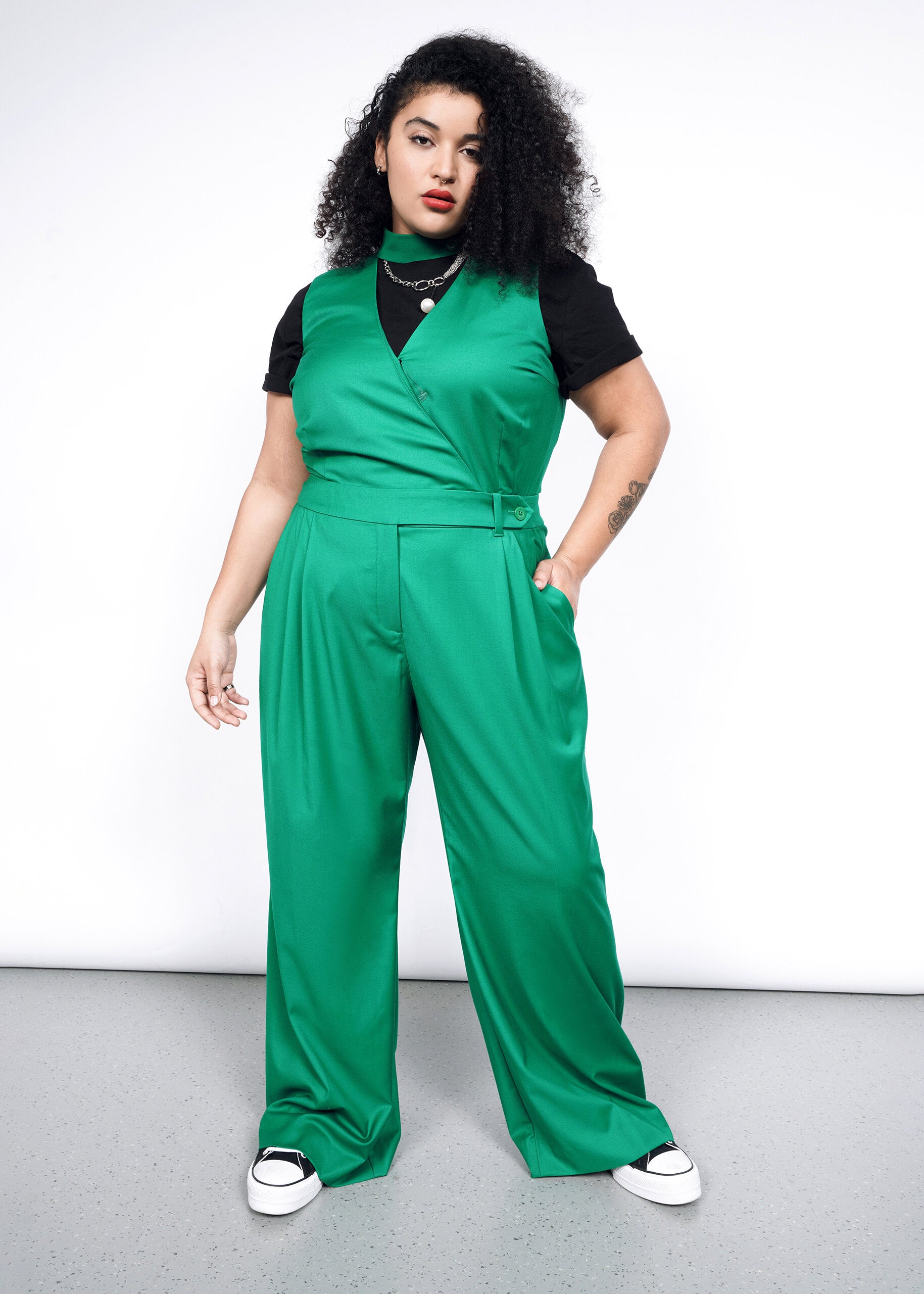 The Empower High Waisted V-Neck Jumpsuit in Emerald