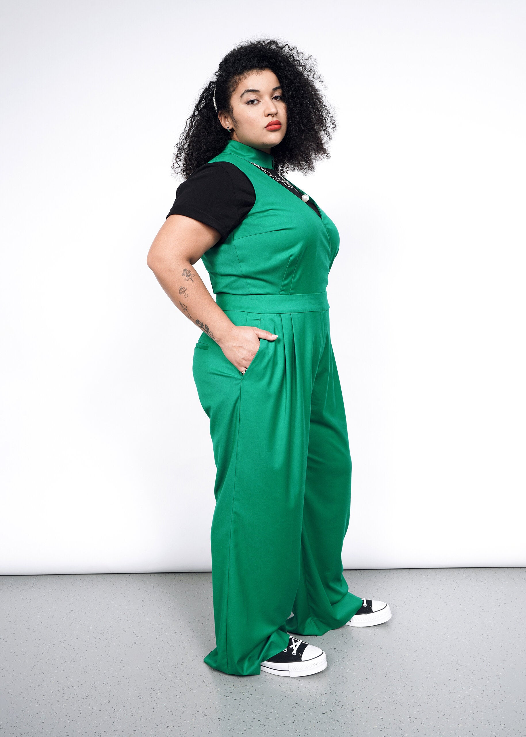 The Empower High Waisted V-Neck Jumpsuit in Emerald