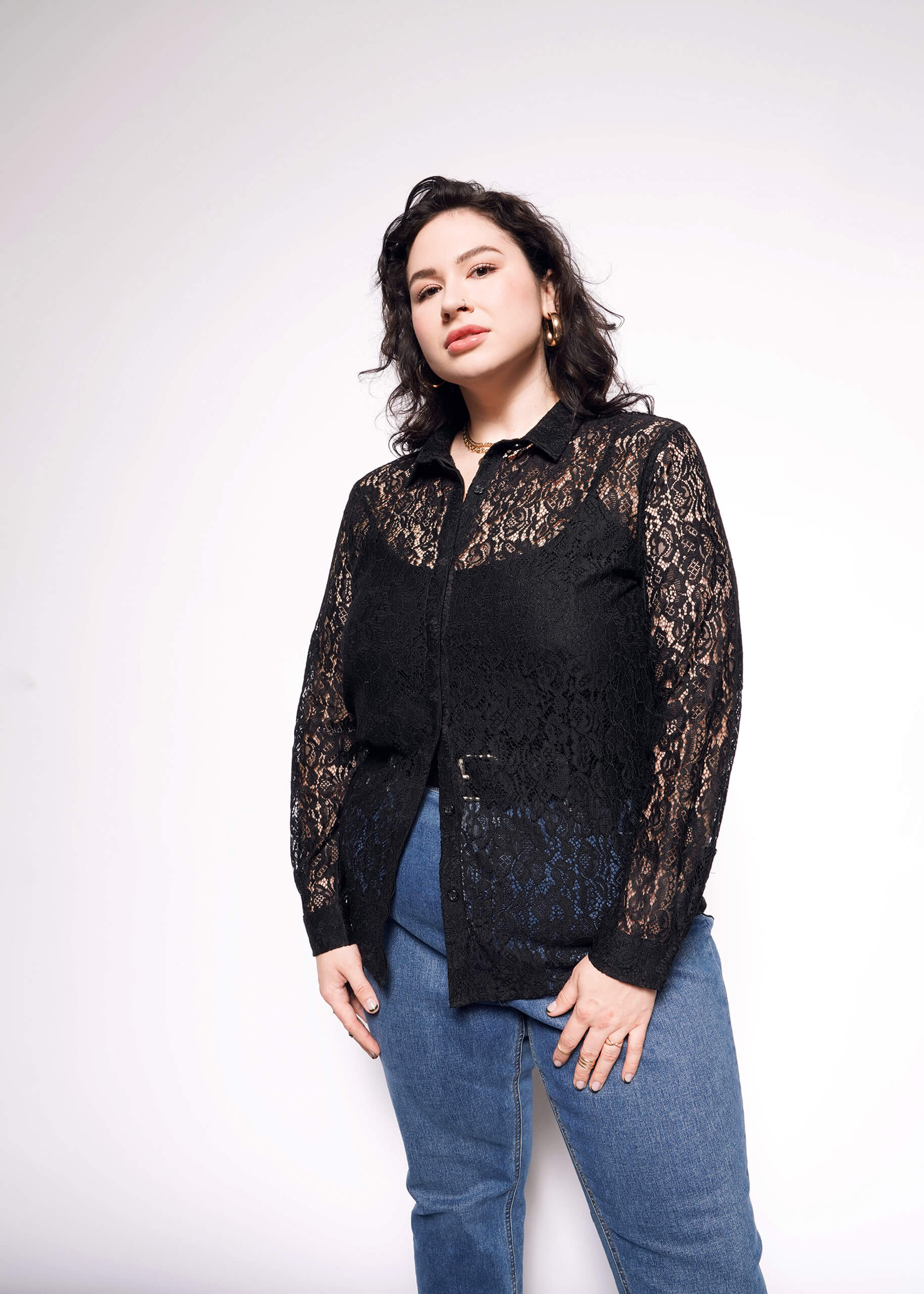The Empower Lace Long Sleeve Button Up in Black