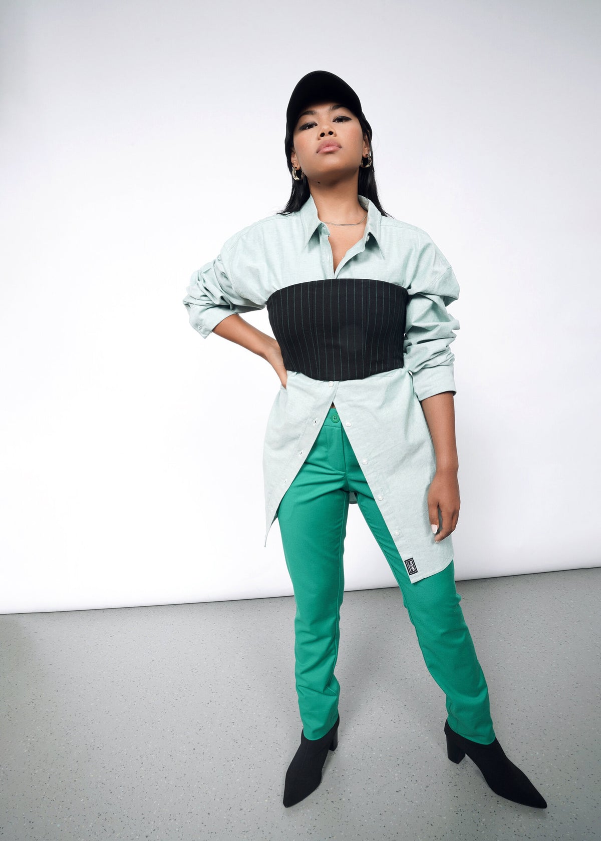 The Empower Pinstripe 6-Way Corset in Black/Emerald