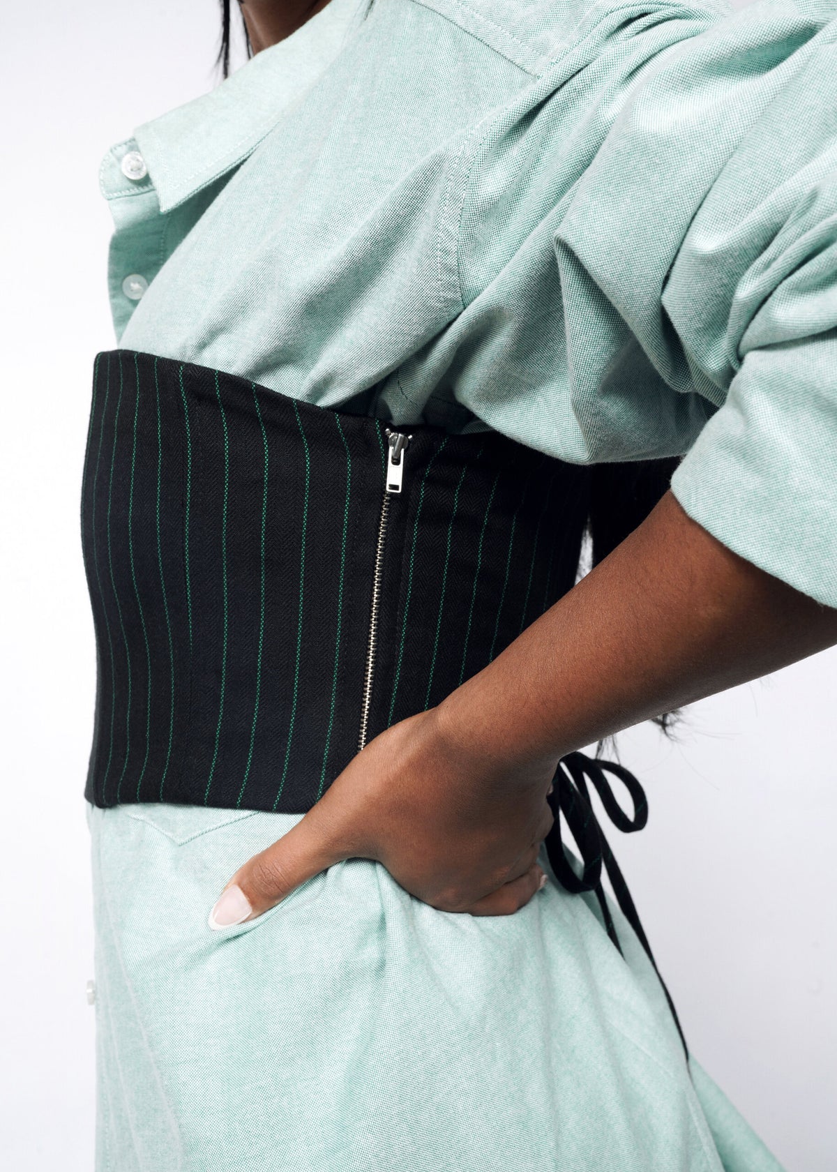 The Empower Pinstripe 6-Way Corset in Black/Emerald
