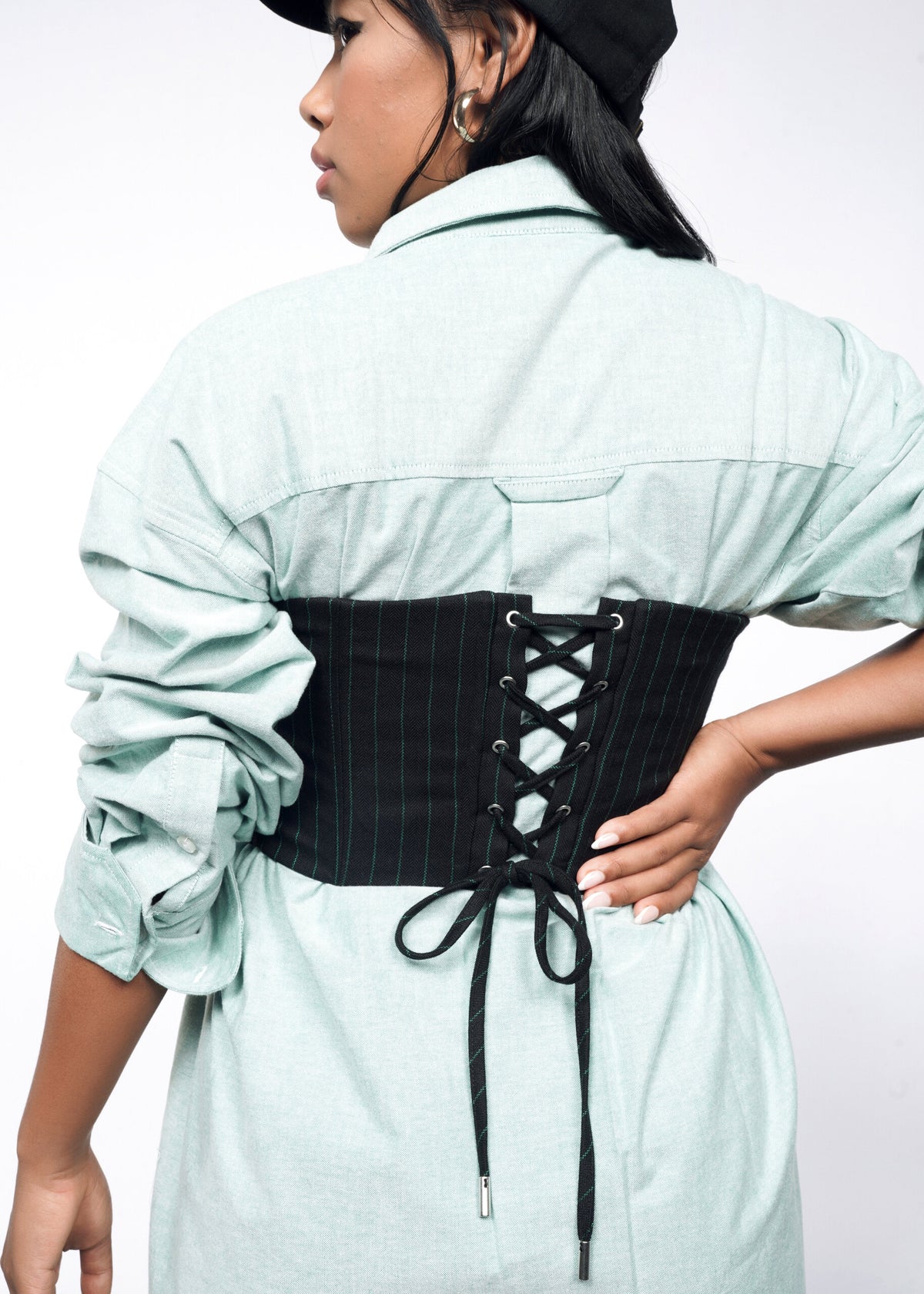 The Empower Pinstripe 6-Way Corset in Black/Emerald