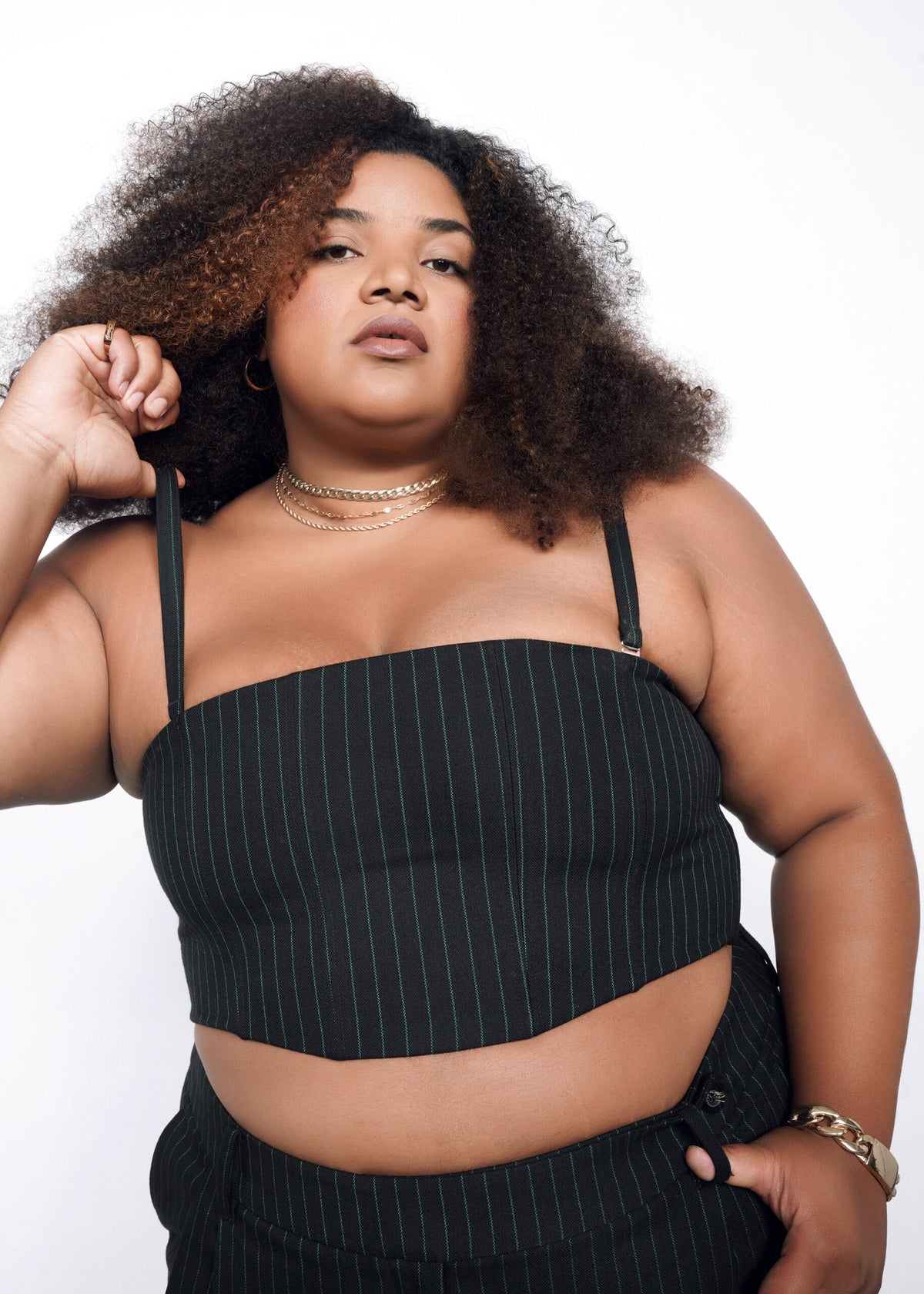 The Empower Pinstripe 6-Way Corset in Black/Emerald