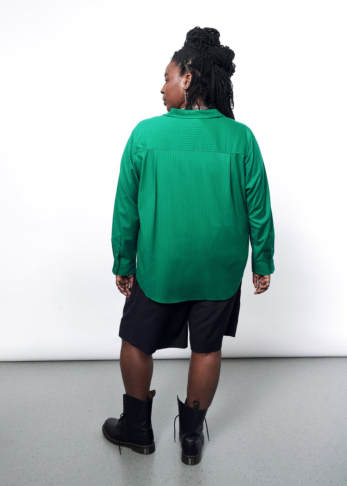 The Empower Pinstripe Long Sleeve Button Up in Emerald/Black