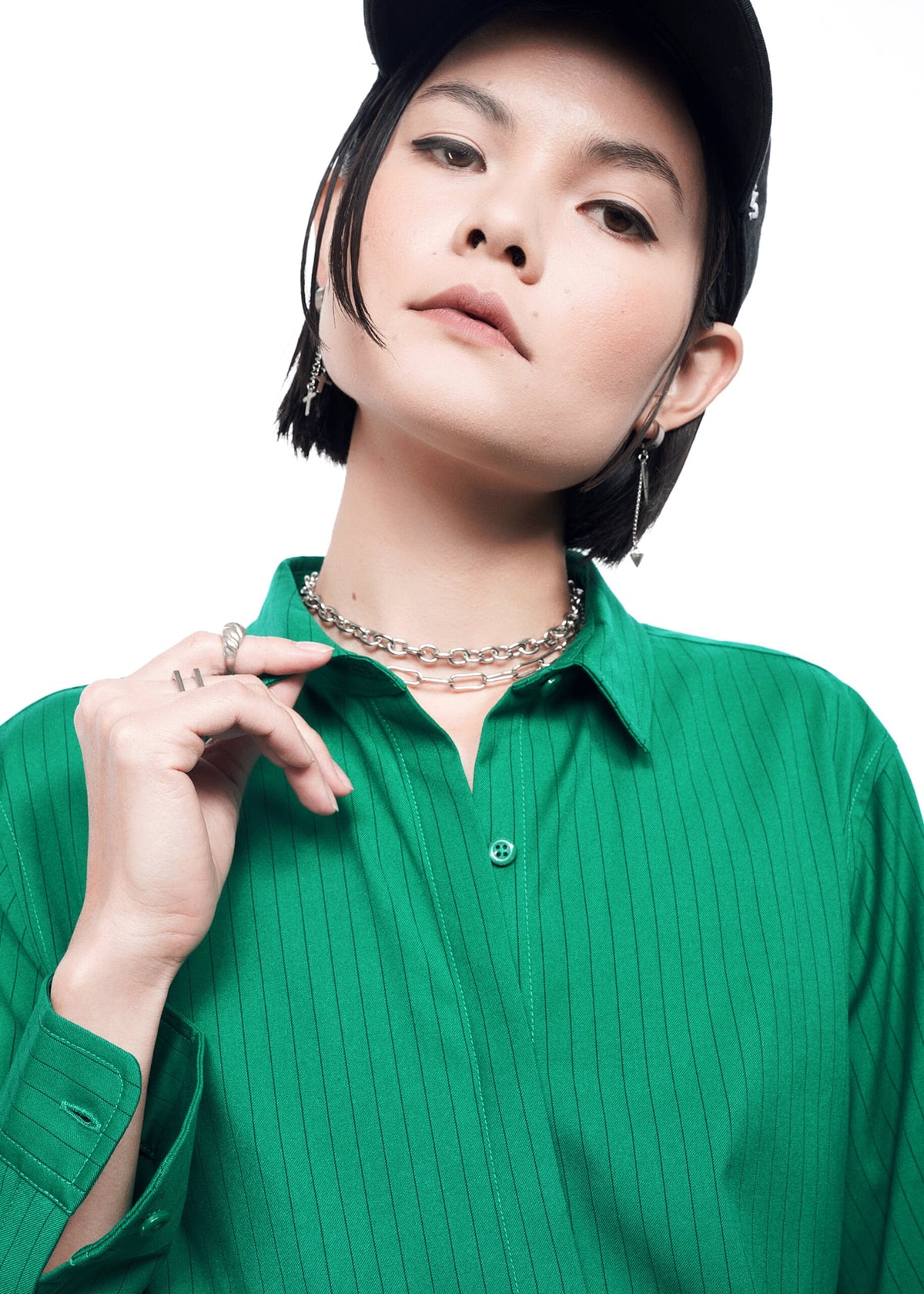 The Empower Pinstripe Long Sleeve Button Up in Emerald/Black