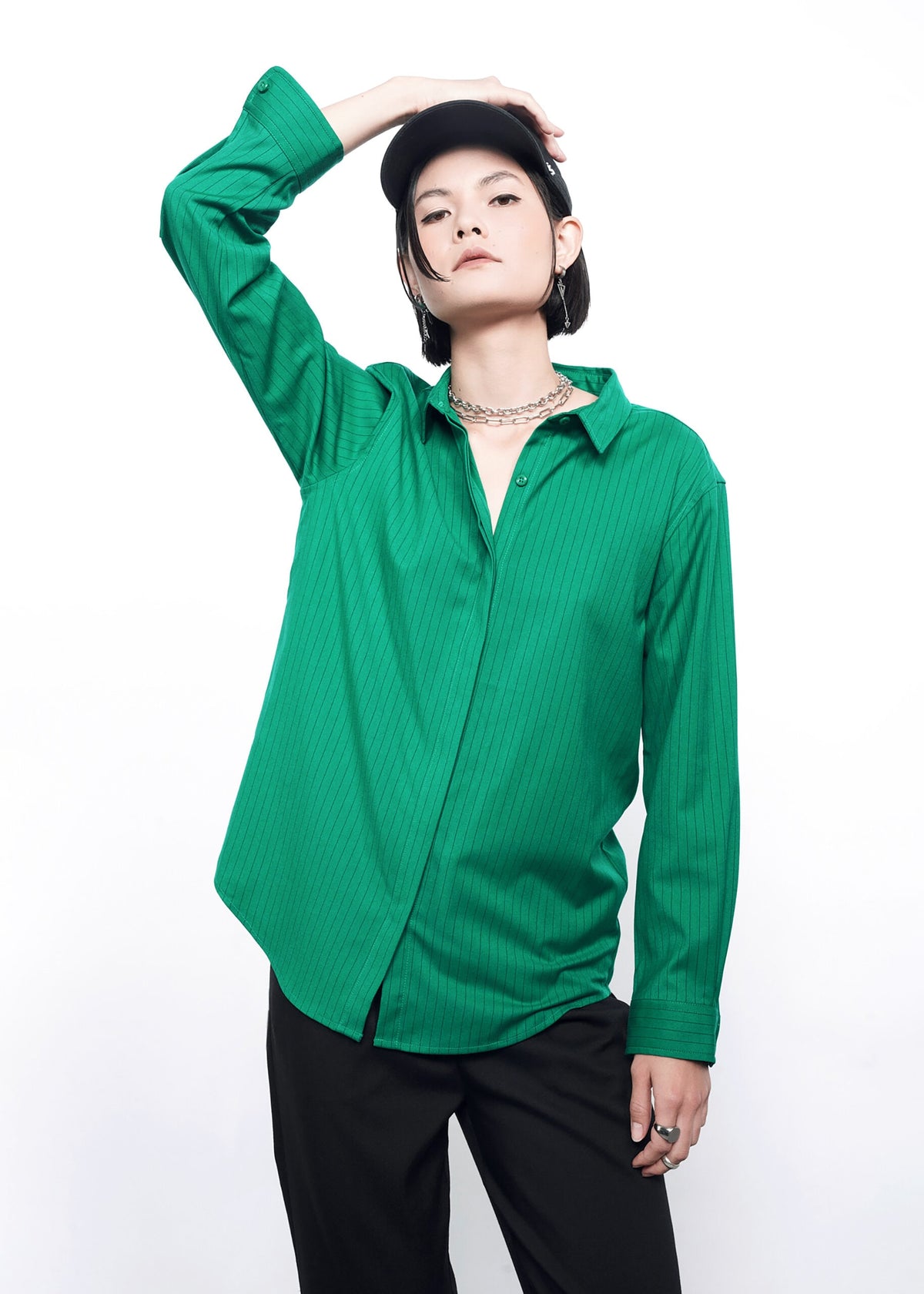 The Empower Pinstripe Long Sleeve Button Up in Emerald/Black