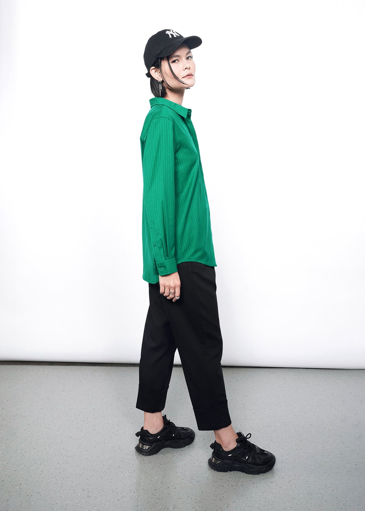 The Empower Pinstripe Long Sleeve Button Up in Emerald/Black