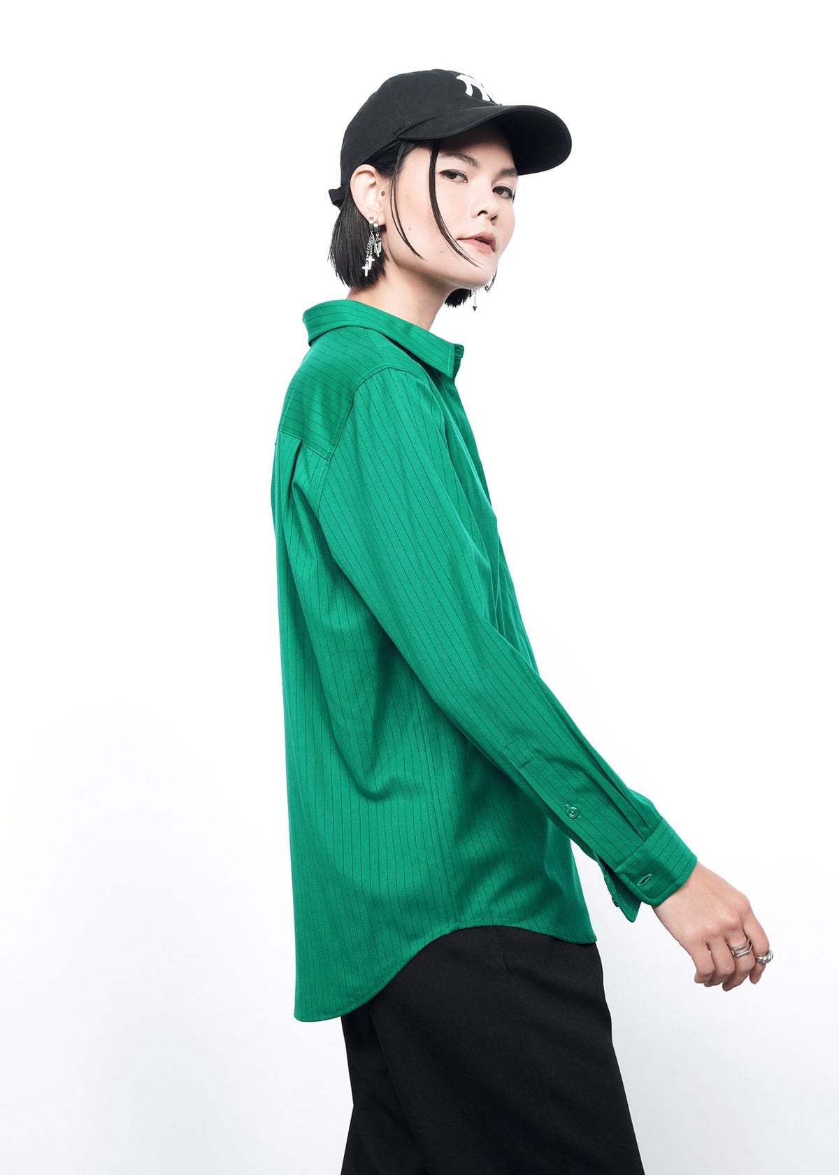The Empower Pinstripe Long Sleeve Button Up in Emerald/Black