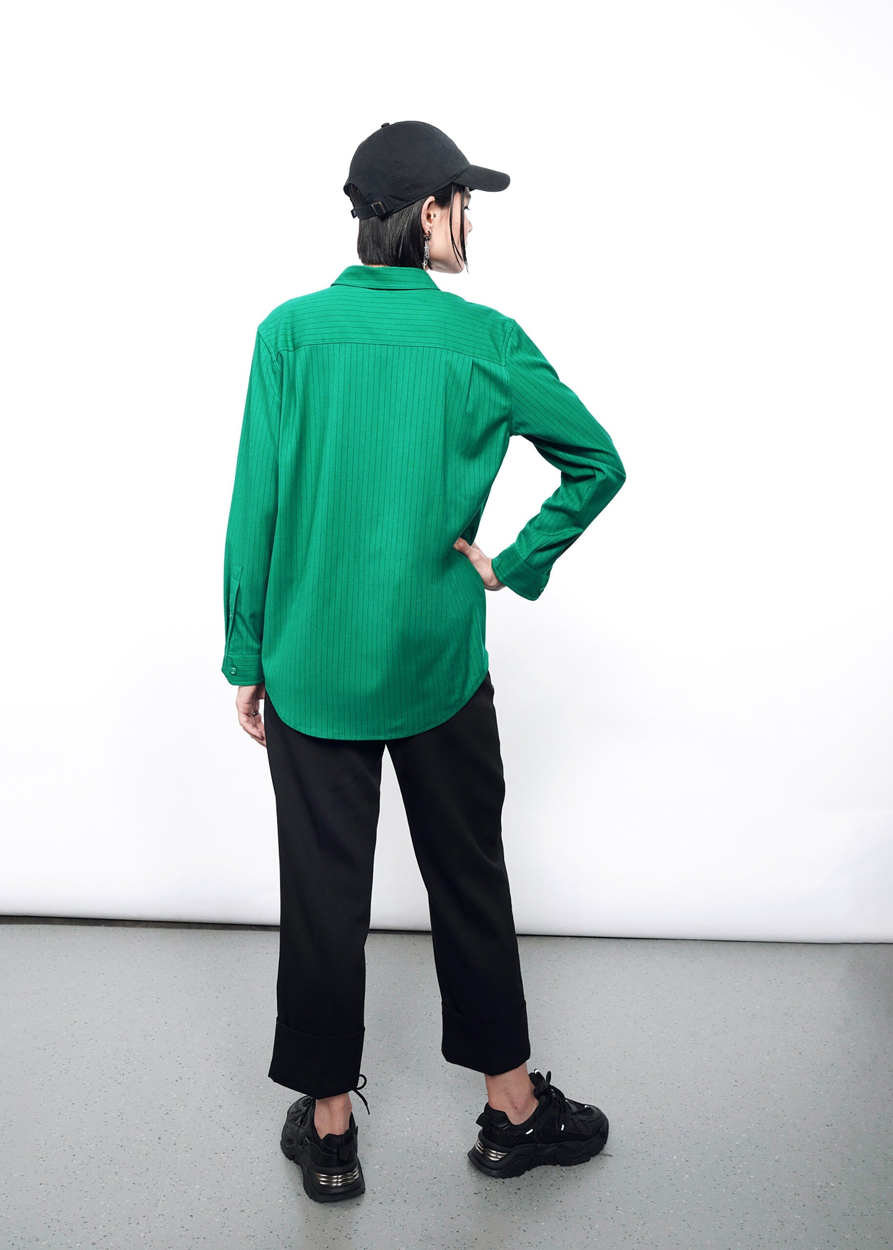 The Empower Pinstripe Long Sleeve Button Up in Emerald/Black