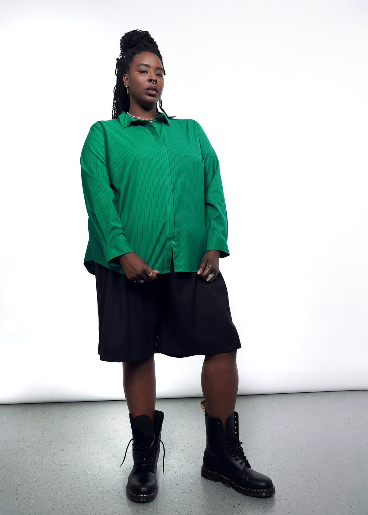 The Empower Pinstripe Long Sleeve Button Up in Emerald/Black