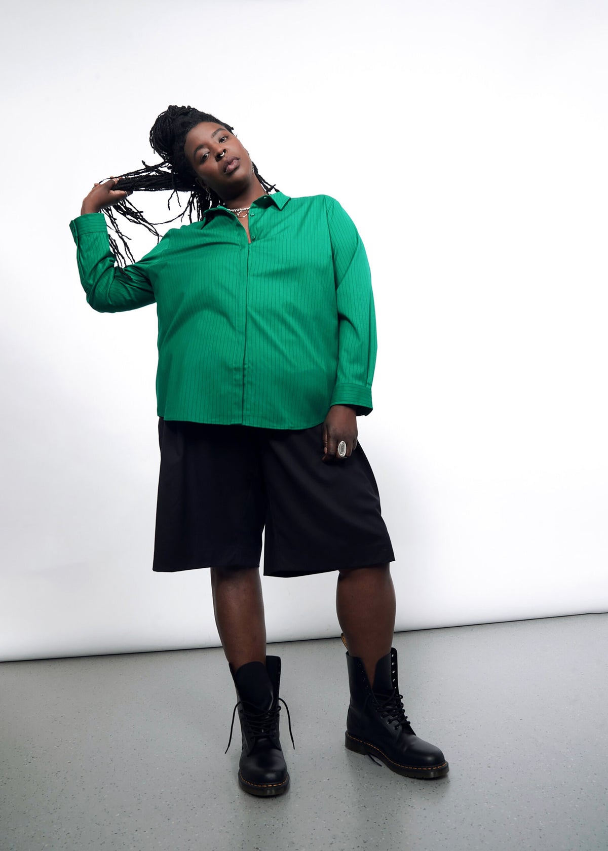 The Empower Pinstripe Long Sleeve Button Up in Emerald/Black