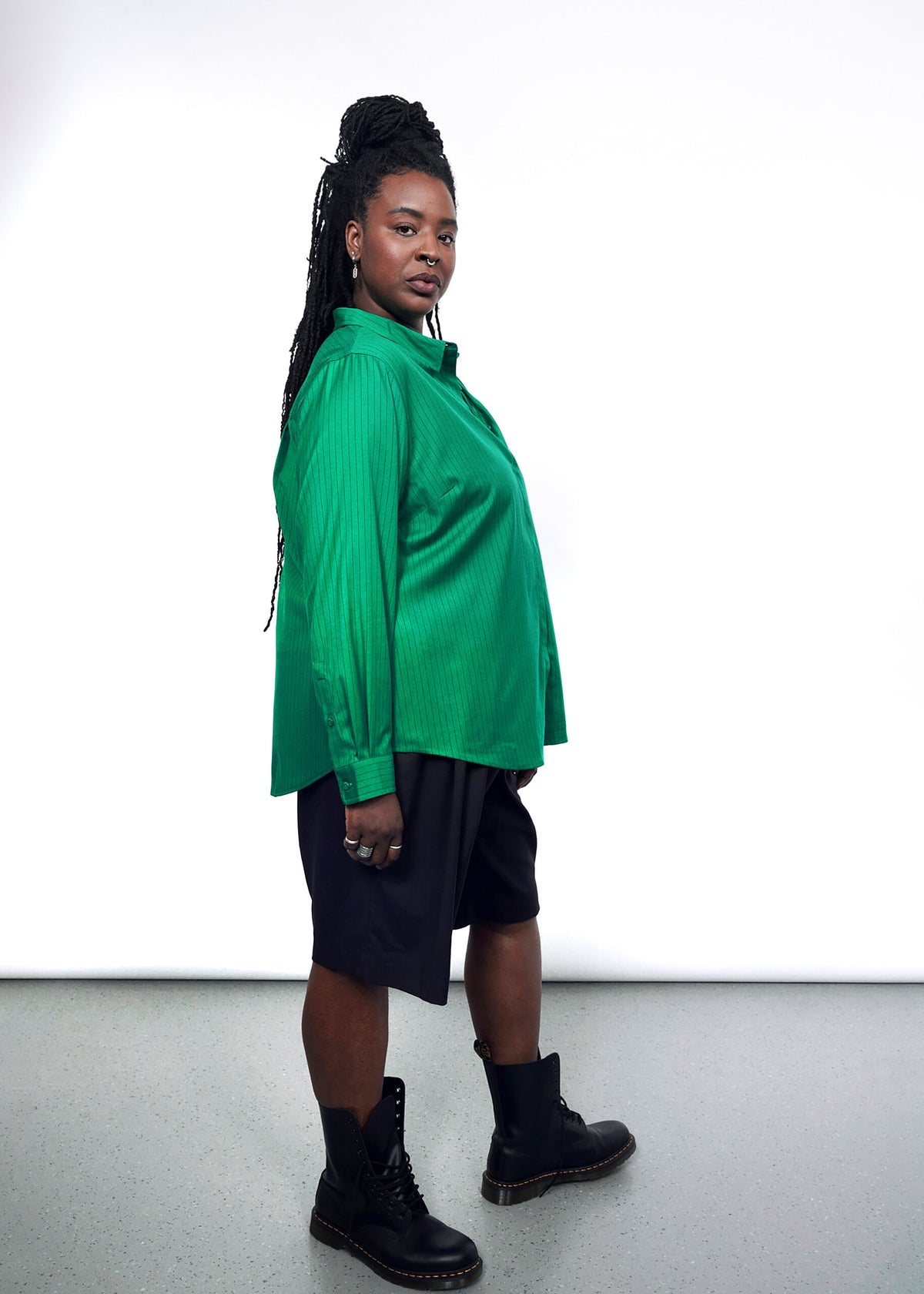 The Empower Pinstripe Long Sleeve Button Up in Emerald/Black