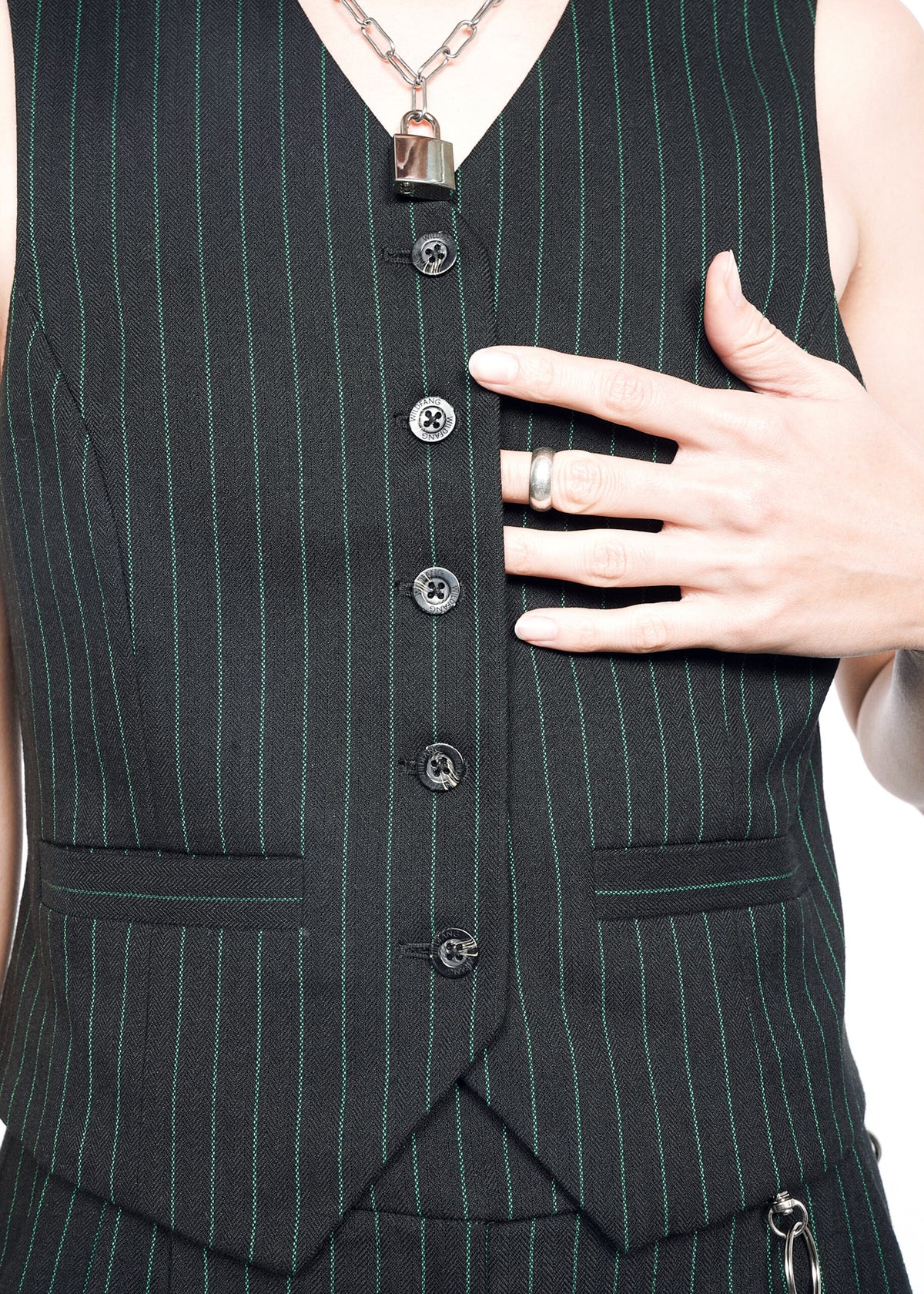 The Empower Pinstripe Vest in Black/Emerald