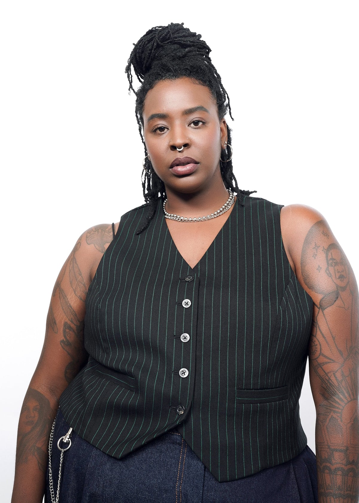 The Empower Pinstripe Vest in Black/Emerald