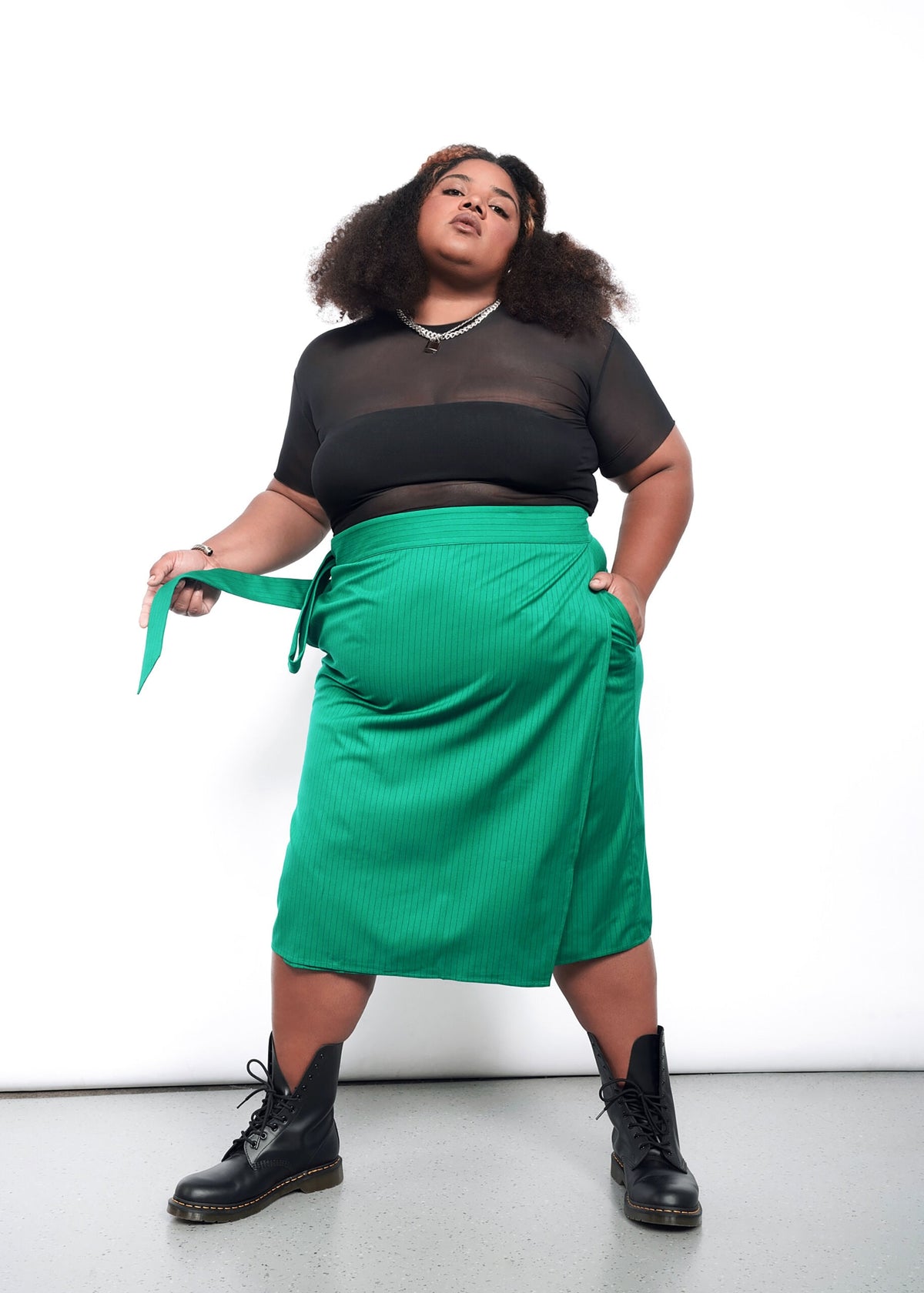 The Empower Pinstripe Wrap Skirt in Emerald/Black
