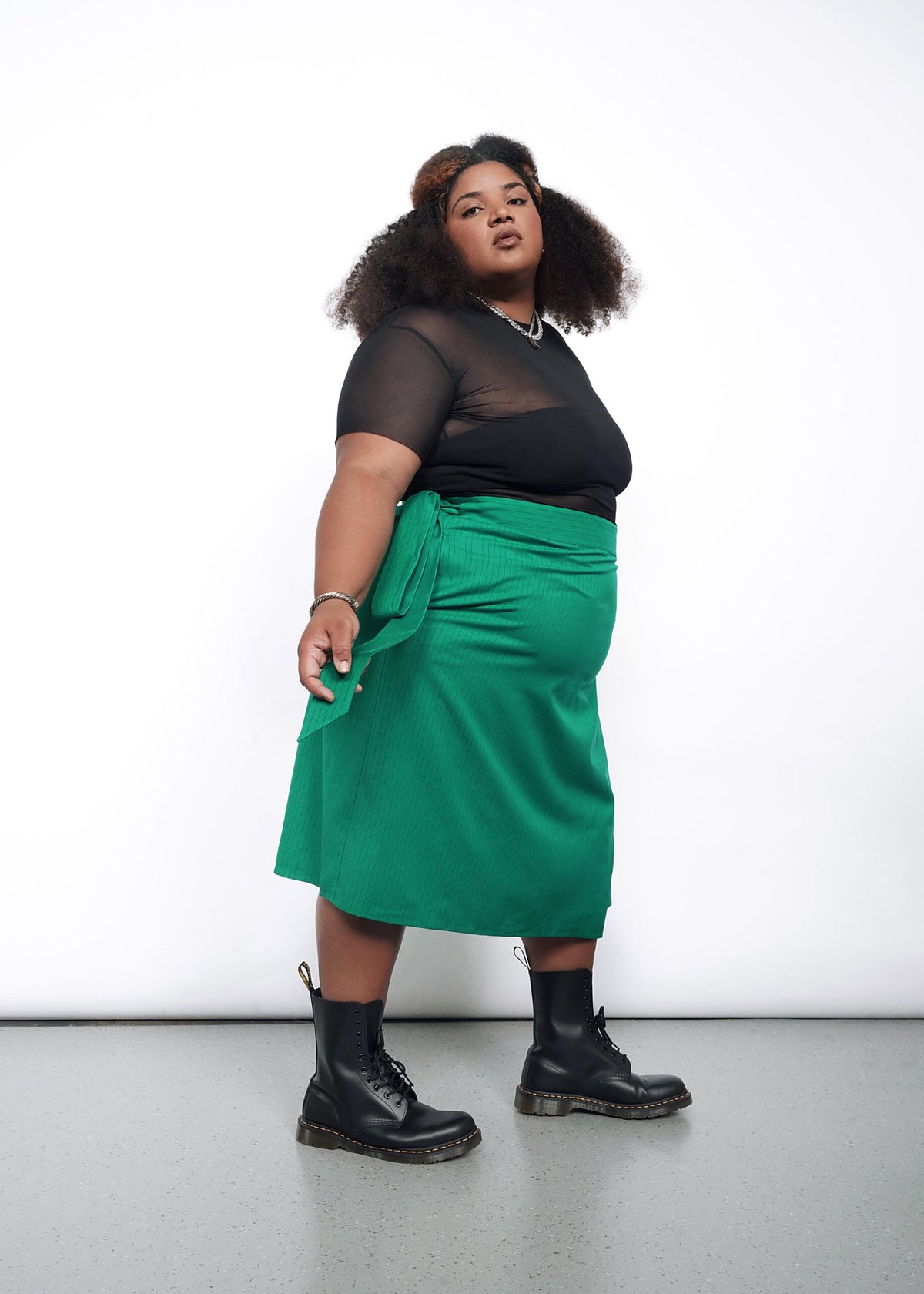 The Empower Pinstripe Wrap Skirt in Emerald/Black