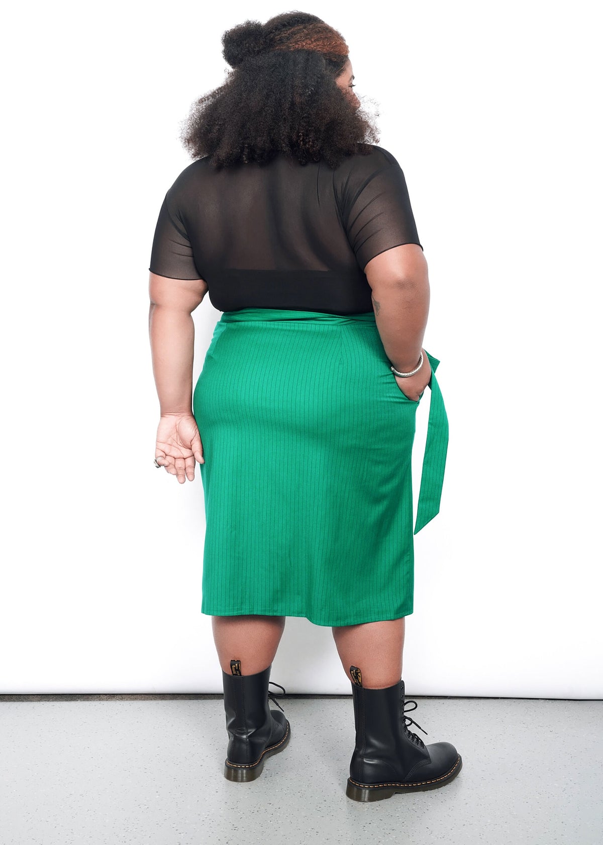 The Empower Pinstripe Wrap Skirt in Emerald/Black