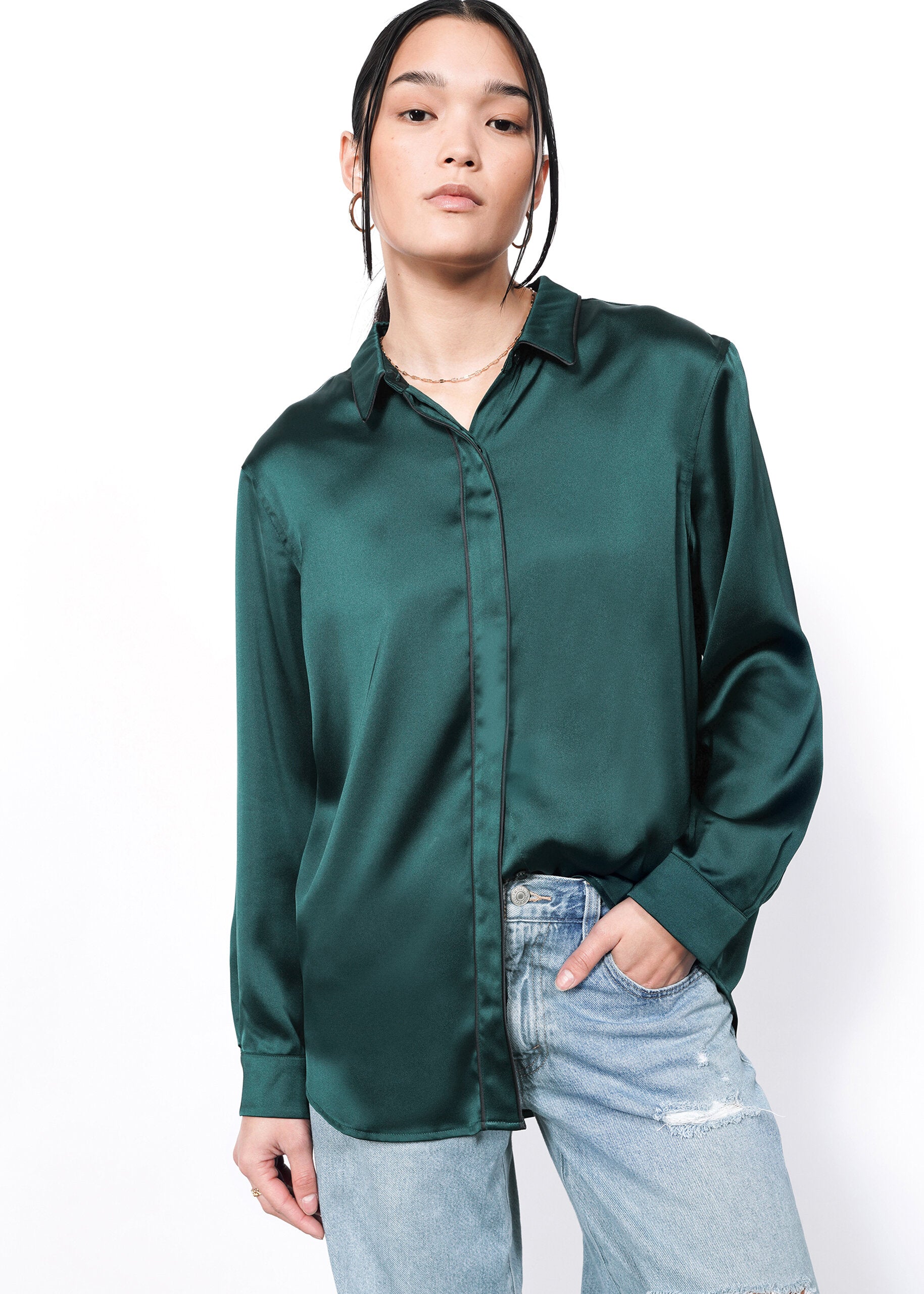 The Empower Satin Long Sleeve Button Up in Forest