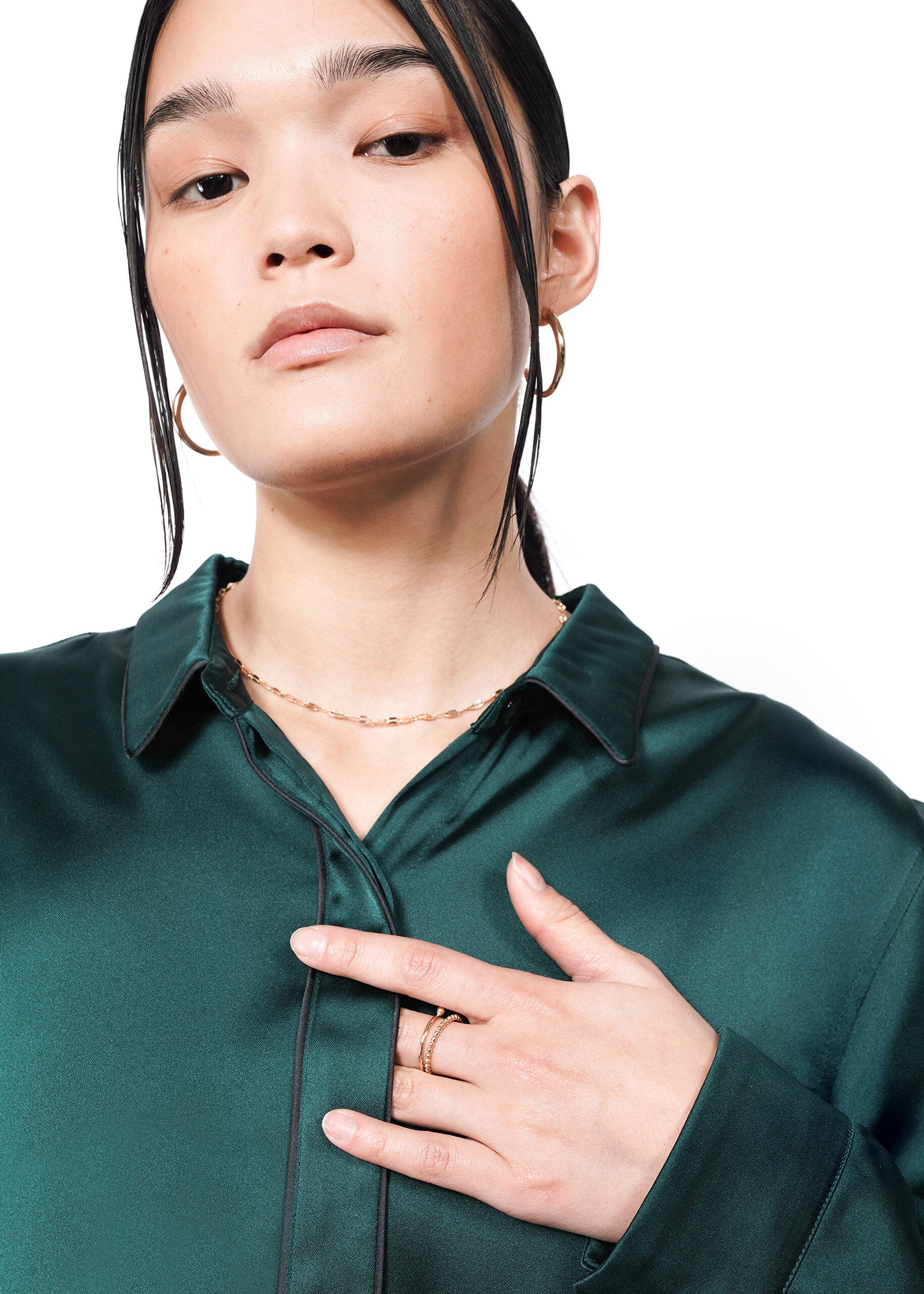 The Empower Satin Long Sleeve Button Up in Forest