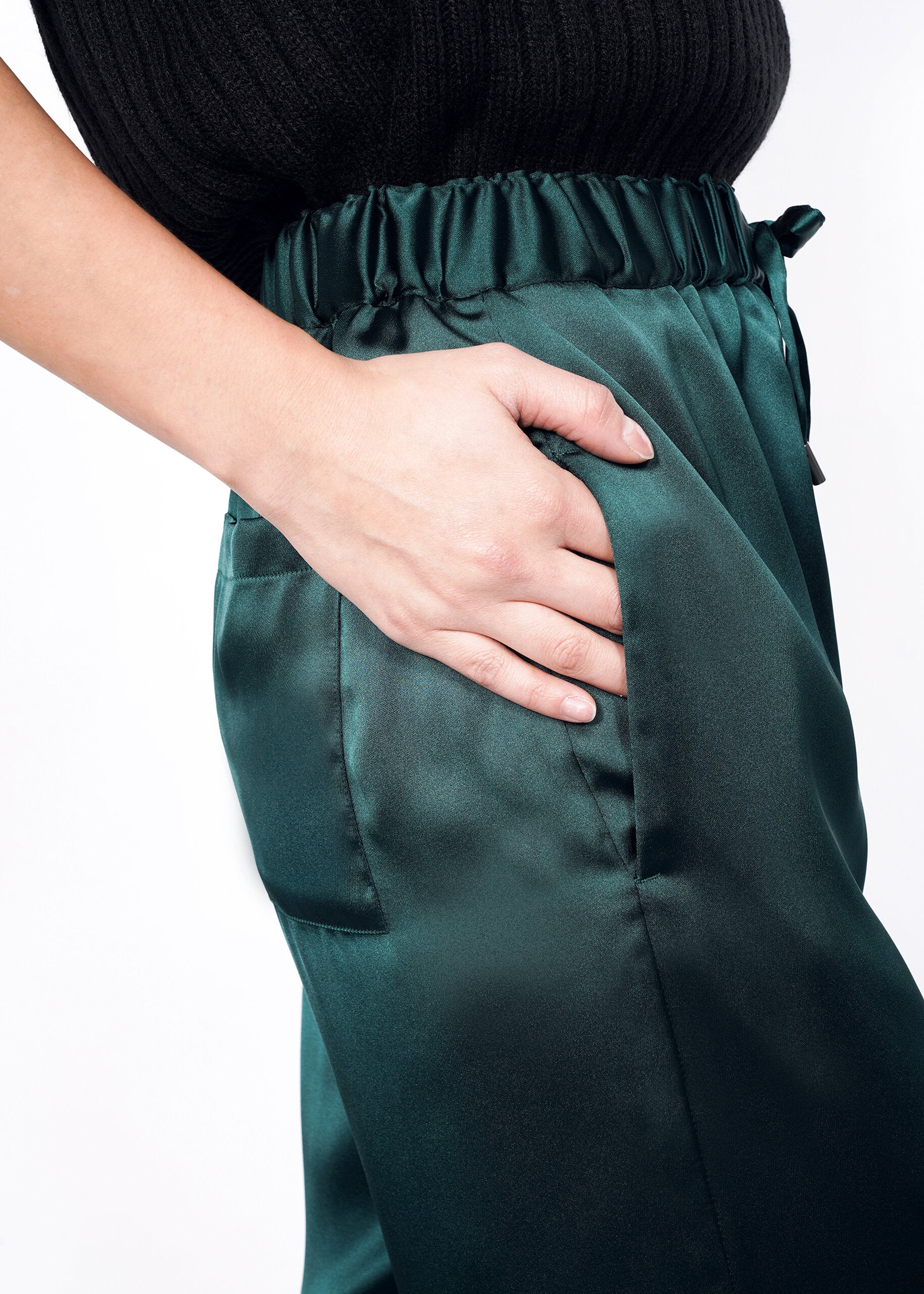 The Empower Satin Loose Leg Drawstring Pant in Forest