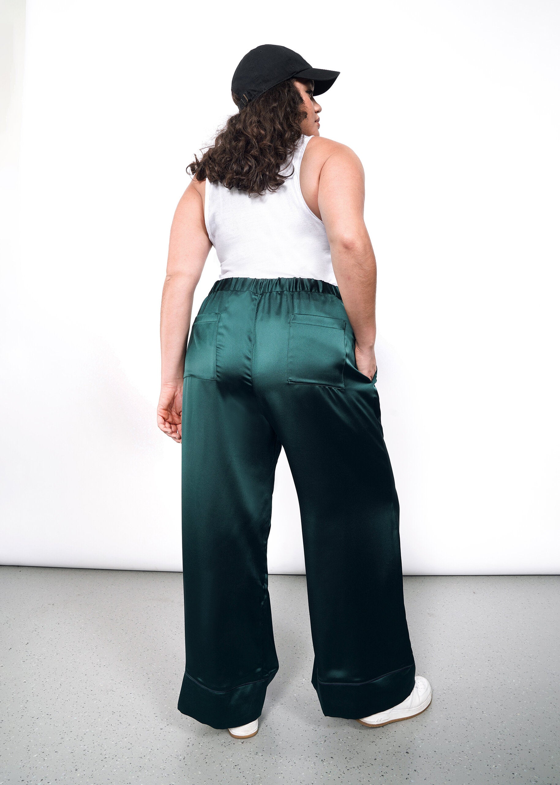 The Empower Satin Loose Leg Drawstring Pant in Forest