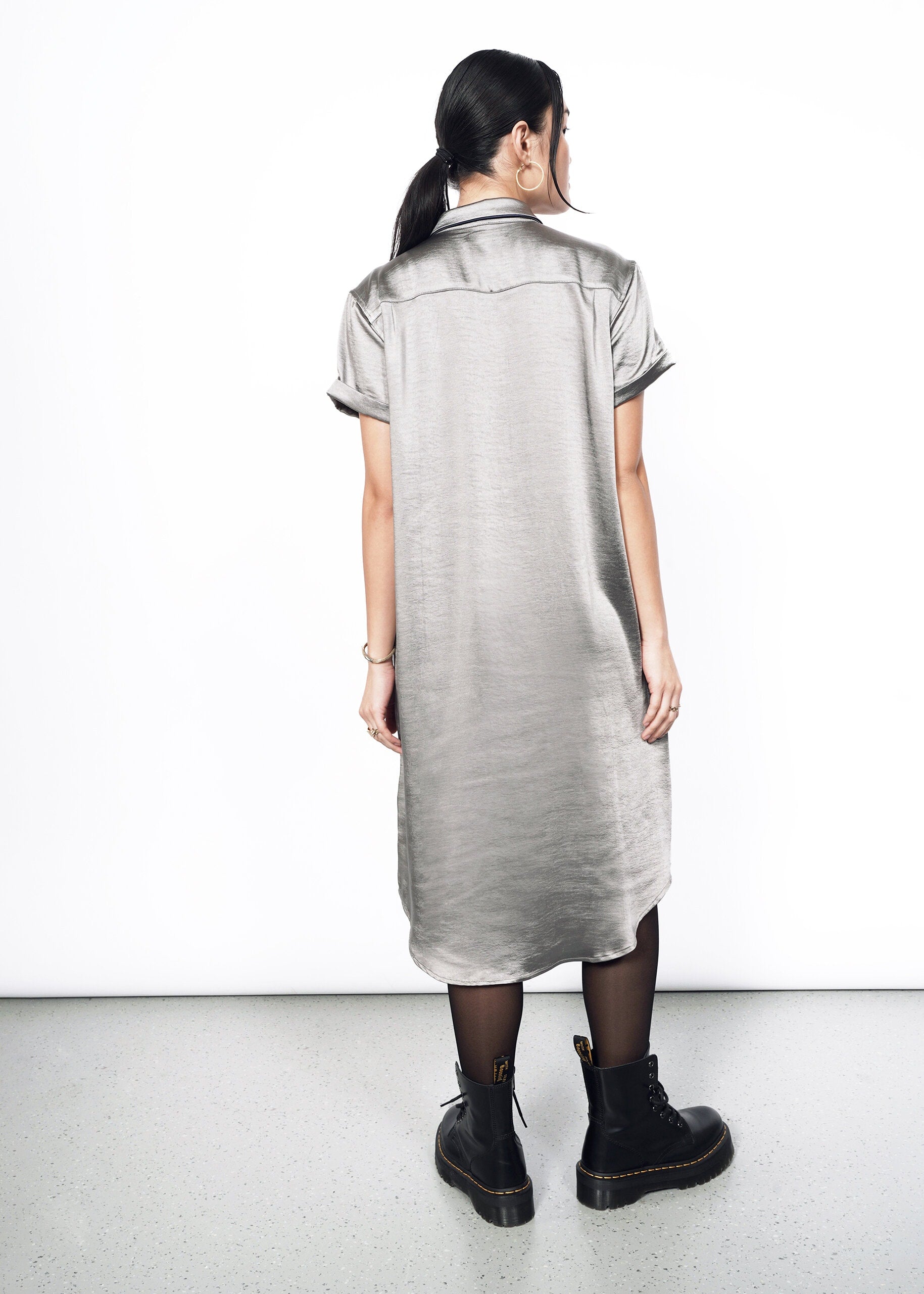 The Empower Satin Shirt Dress in Grey