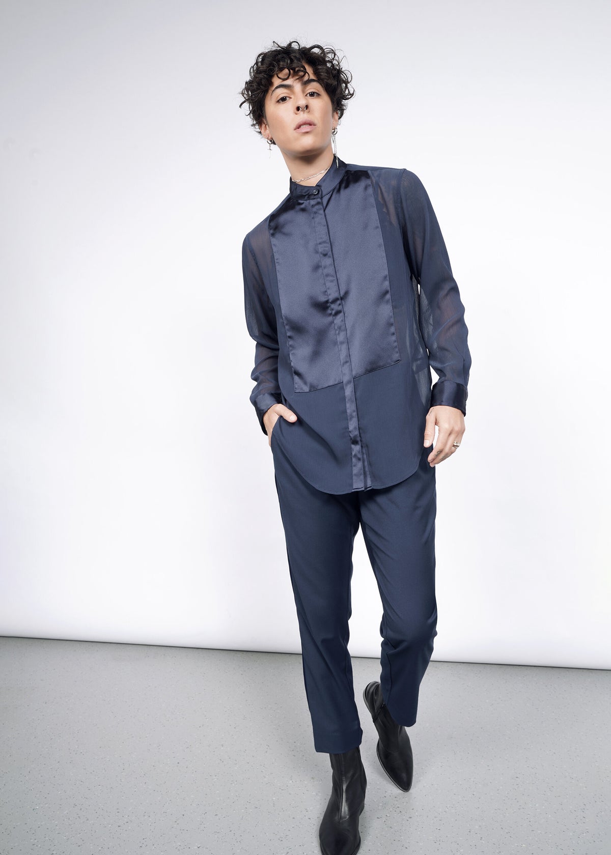 The Empower Sheer Long Sleeve Tuxedo Button Up in Navy