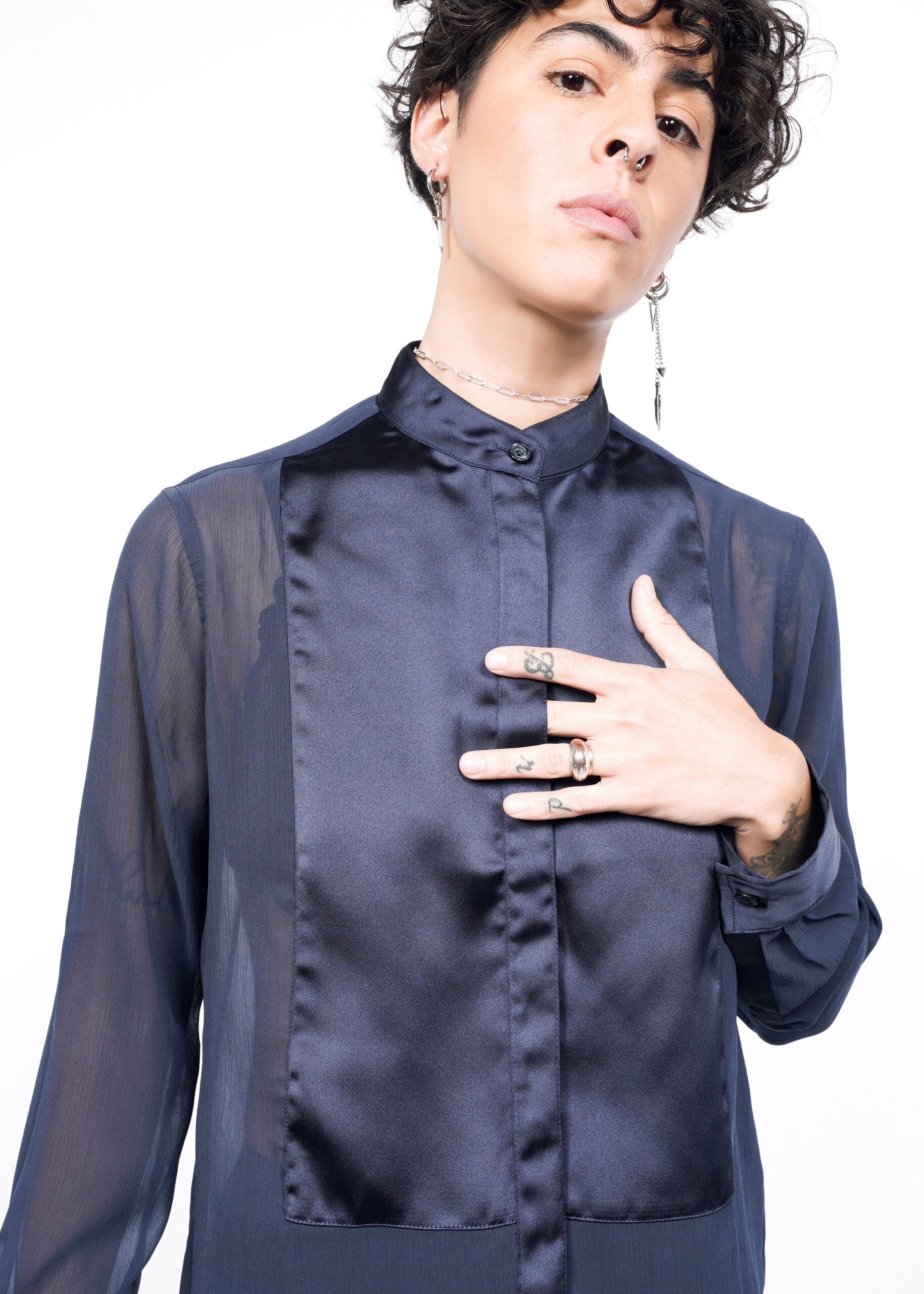 The Empower Sheer Long Sleeve Tuxedo Button Up in Navy