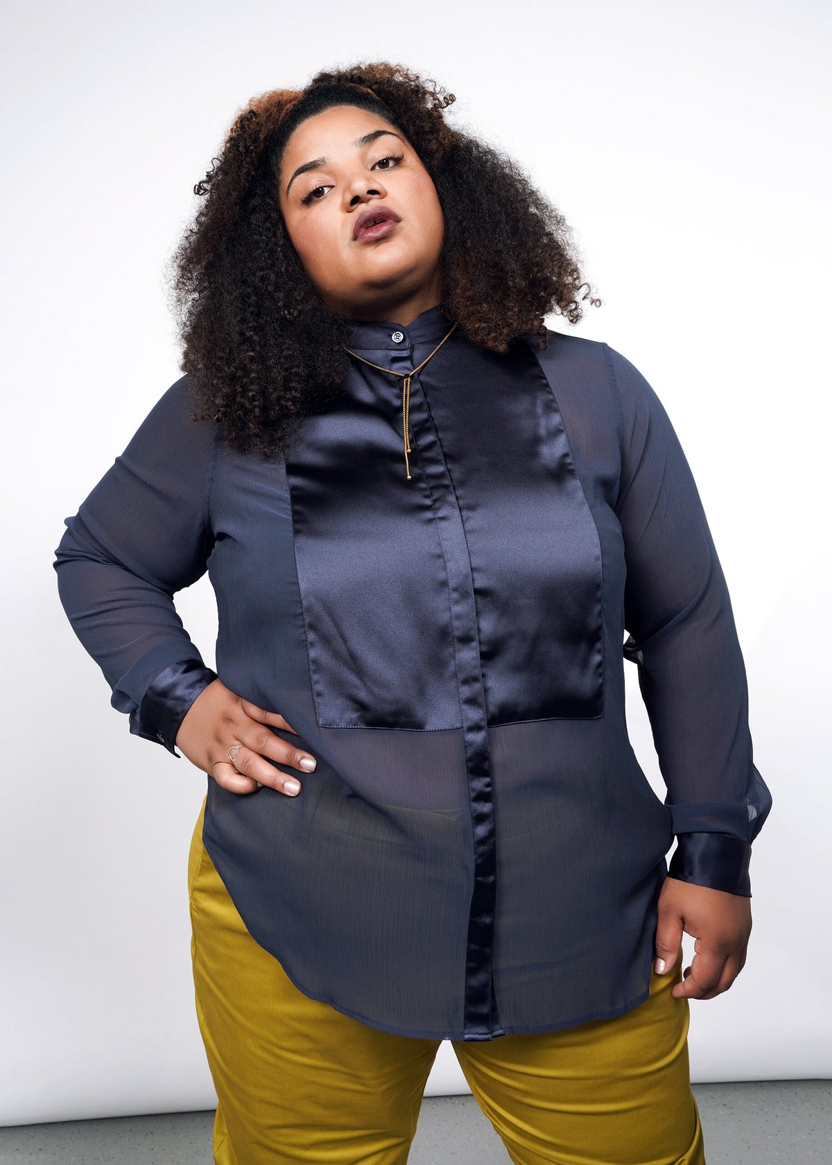 The Empower Sheer Long Sleeve Tuxedo Button Up in Navy