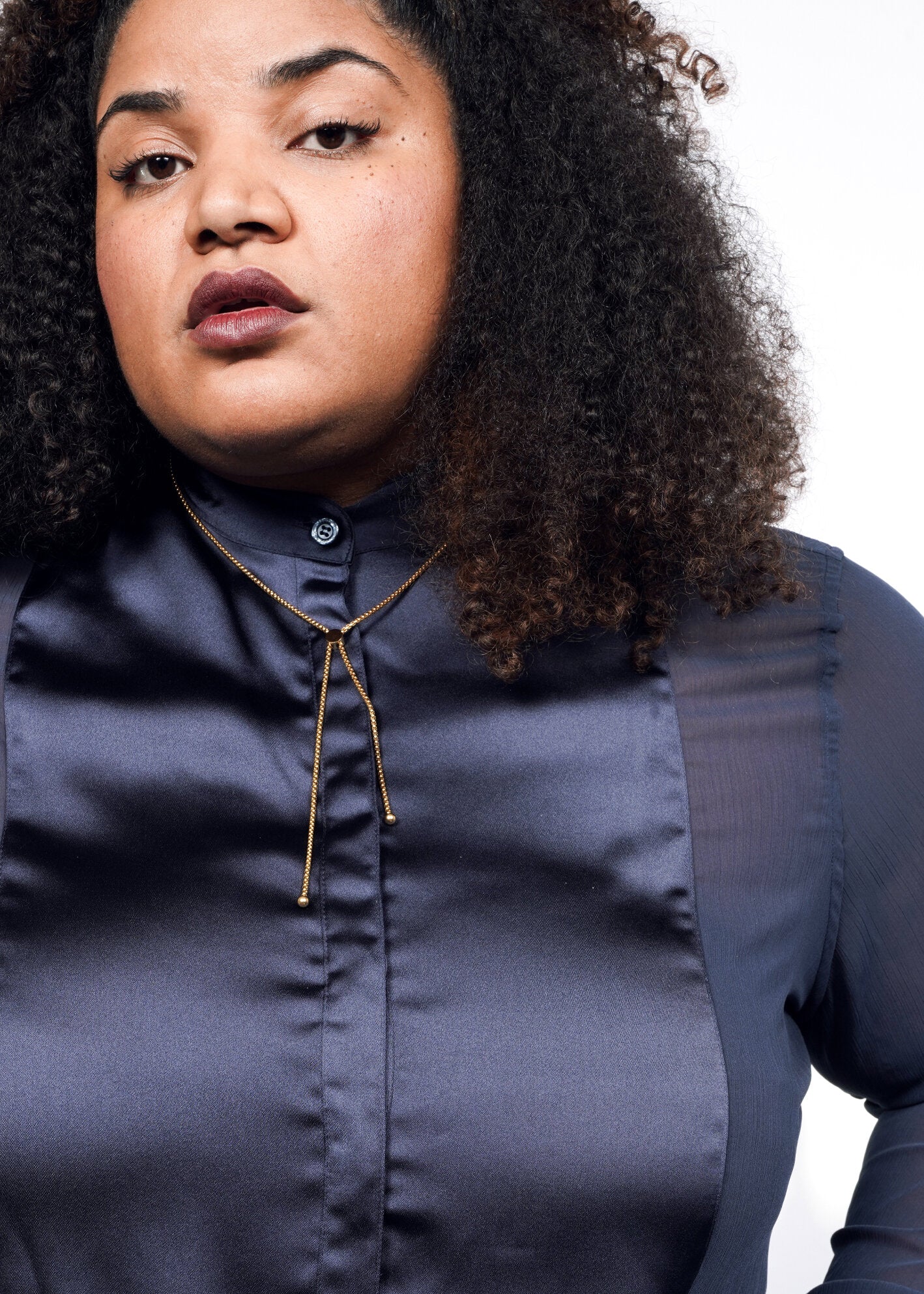 The Empower Sheer Long Sleeve Tuxedo Button Up in Navy