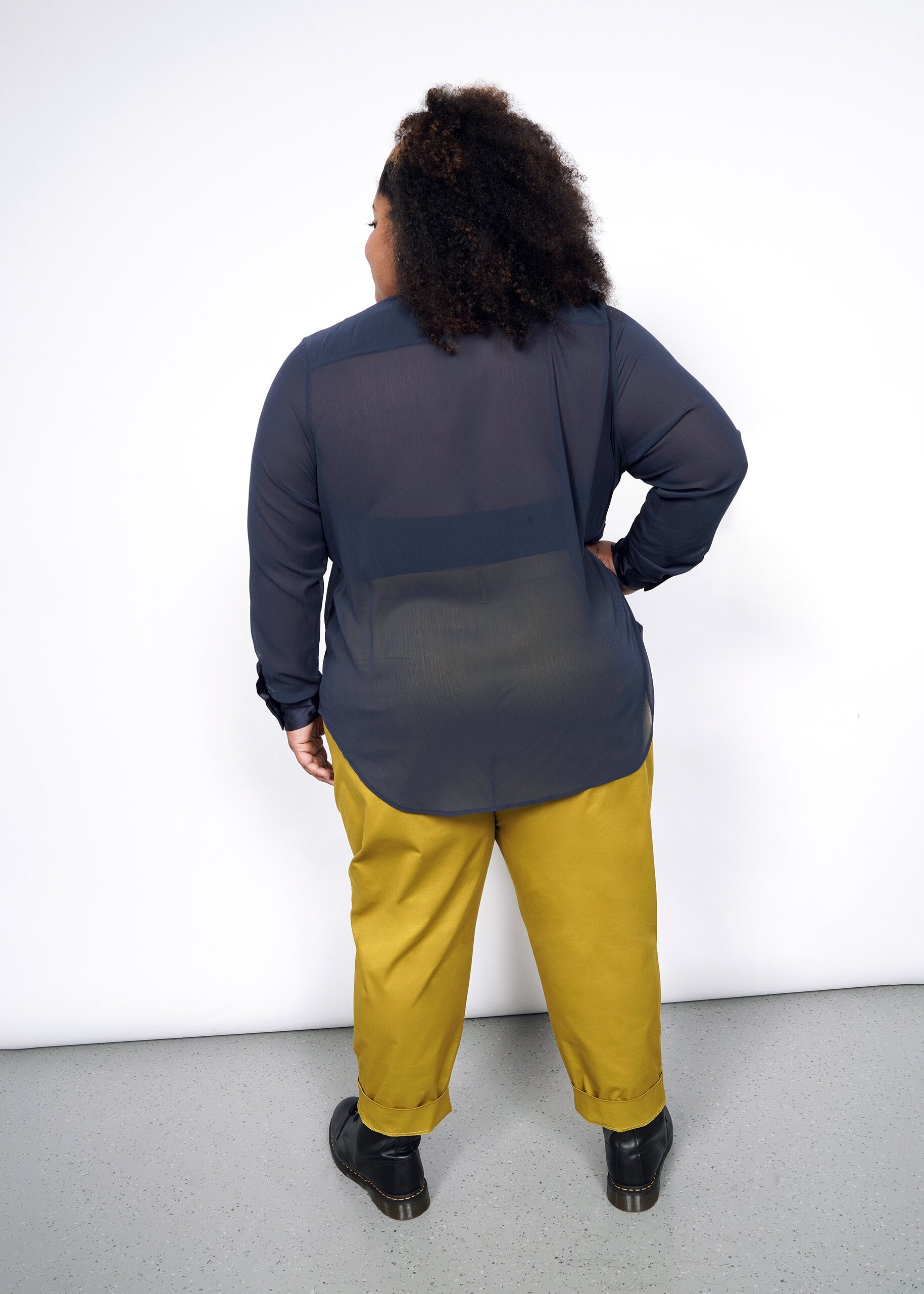 The Empower Sheer Long Sleeve Tuxedo Button Up in Navy