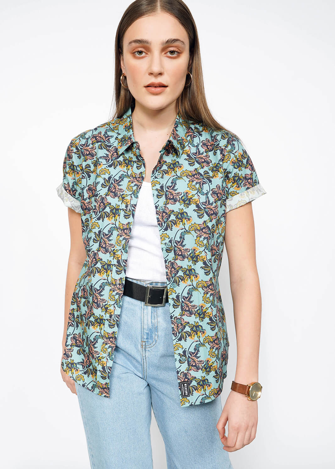 The Essential Button Up in Iris Light Teal Multi
